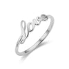 Close-up slanted view of a silver minimal love script ring on a white background