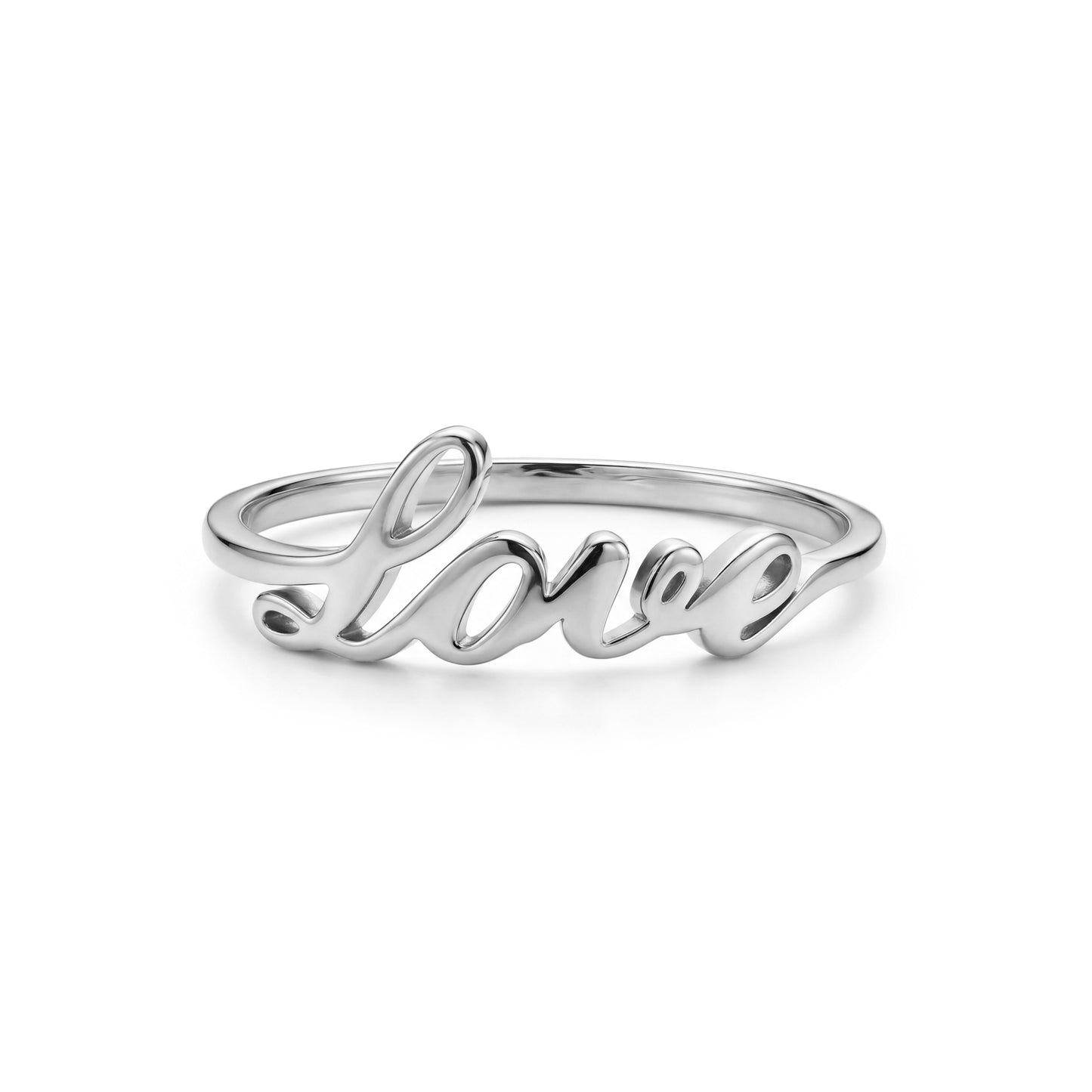 Front view of silver love script ring laying flat on a white surface