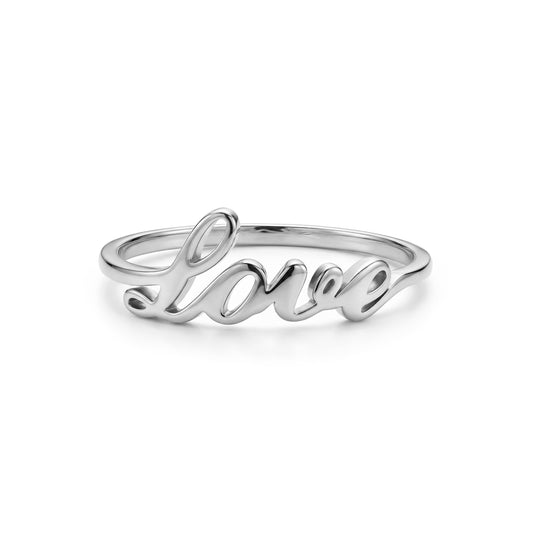 Front view of silver love script ring laying flat on a white surface