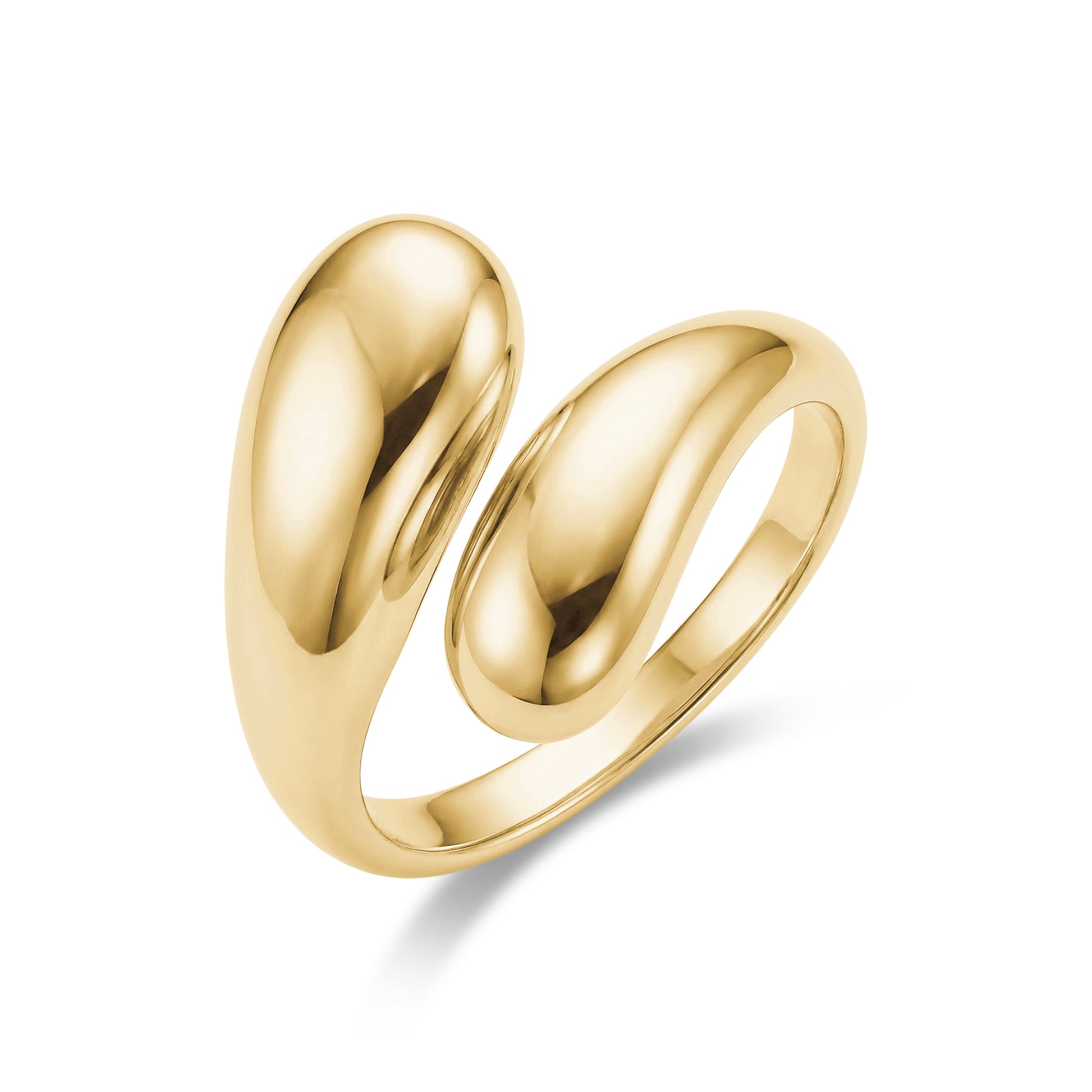 Close-up of shiny gold Fluid Form Wrap Ring with fluid wrap design and glossy finish