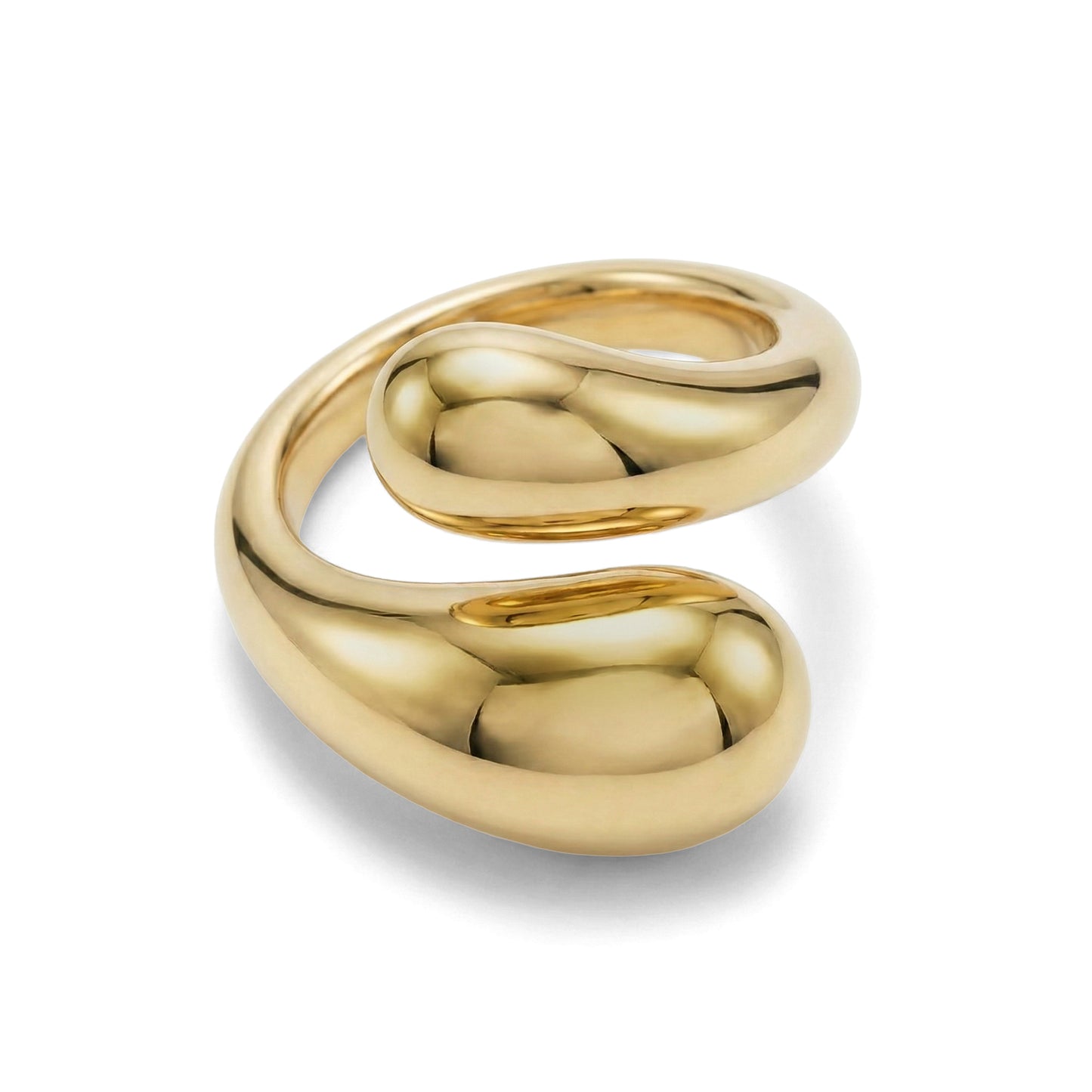 Top view of polished gold Fluid Form Wrap Ring showing smooth and fluid curves