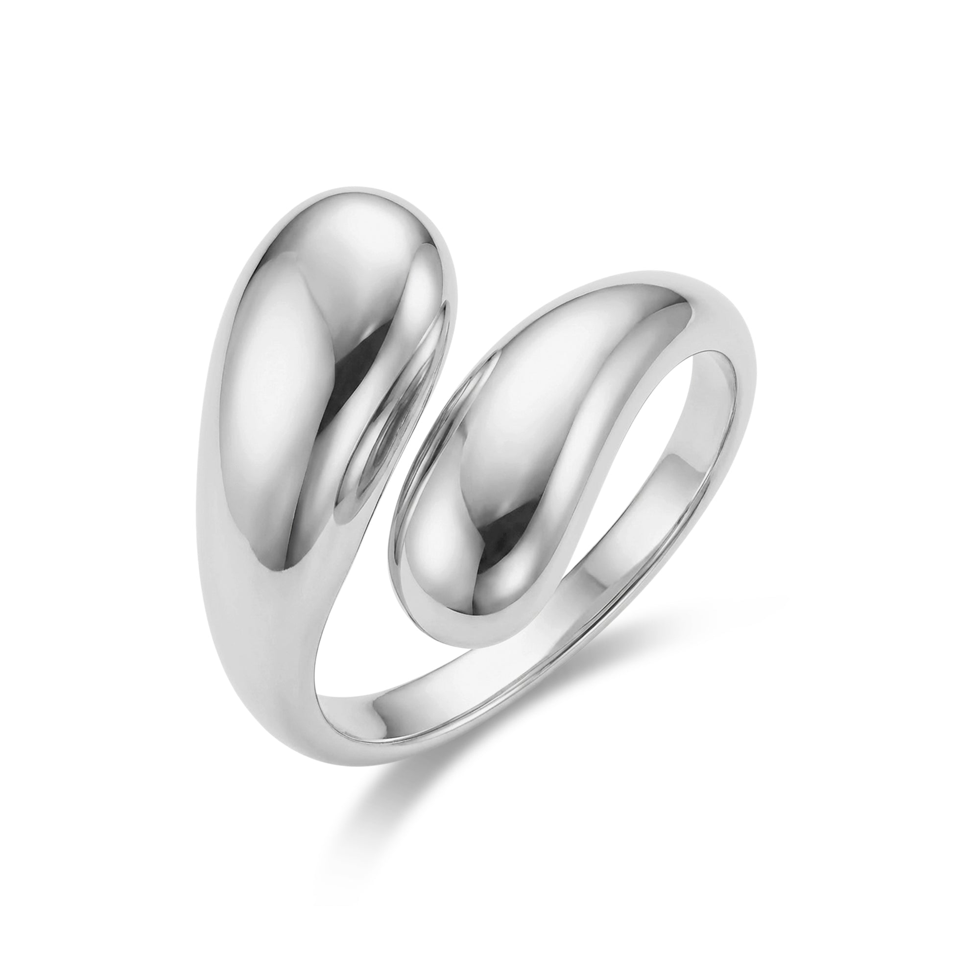 Close-up of shiny silver Fluid Form Wrap Ring showing open wrap design with wide top and narrow bottom