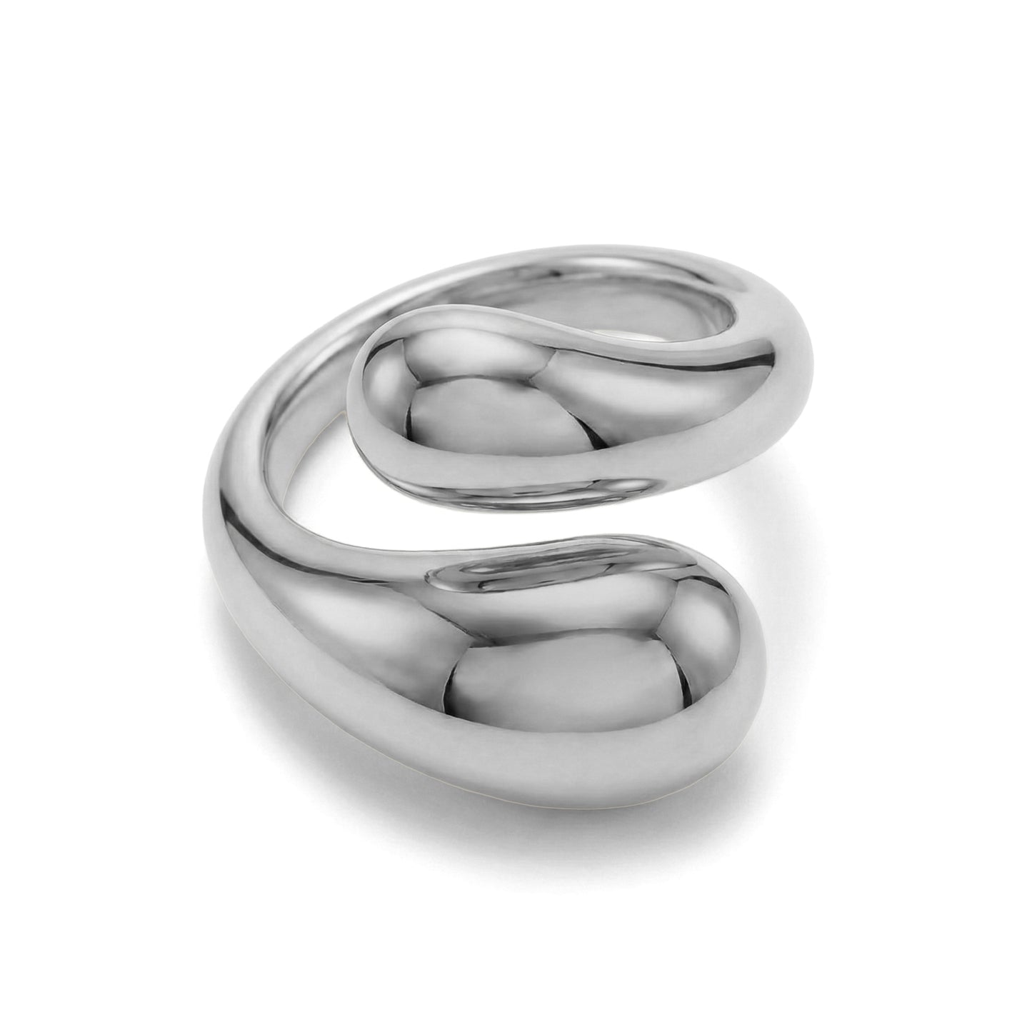 Top view of polished silver Fluid Form Wrap Ring highlighting smooth curved fluid shape