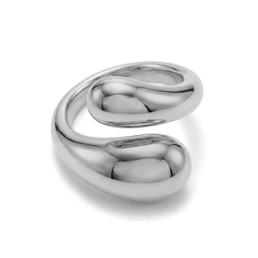 Top view of polished silver Fluid Form Wrap Ring highlighting smooth curved fluid shape
