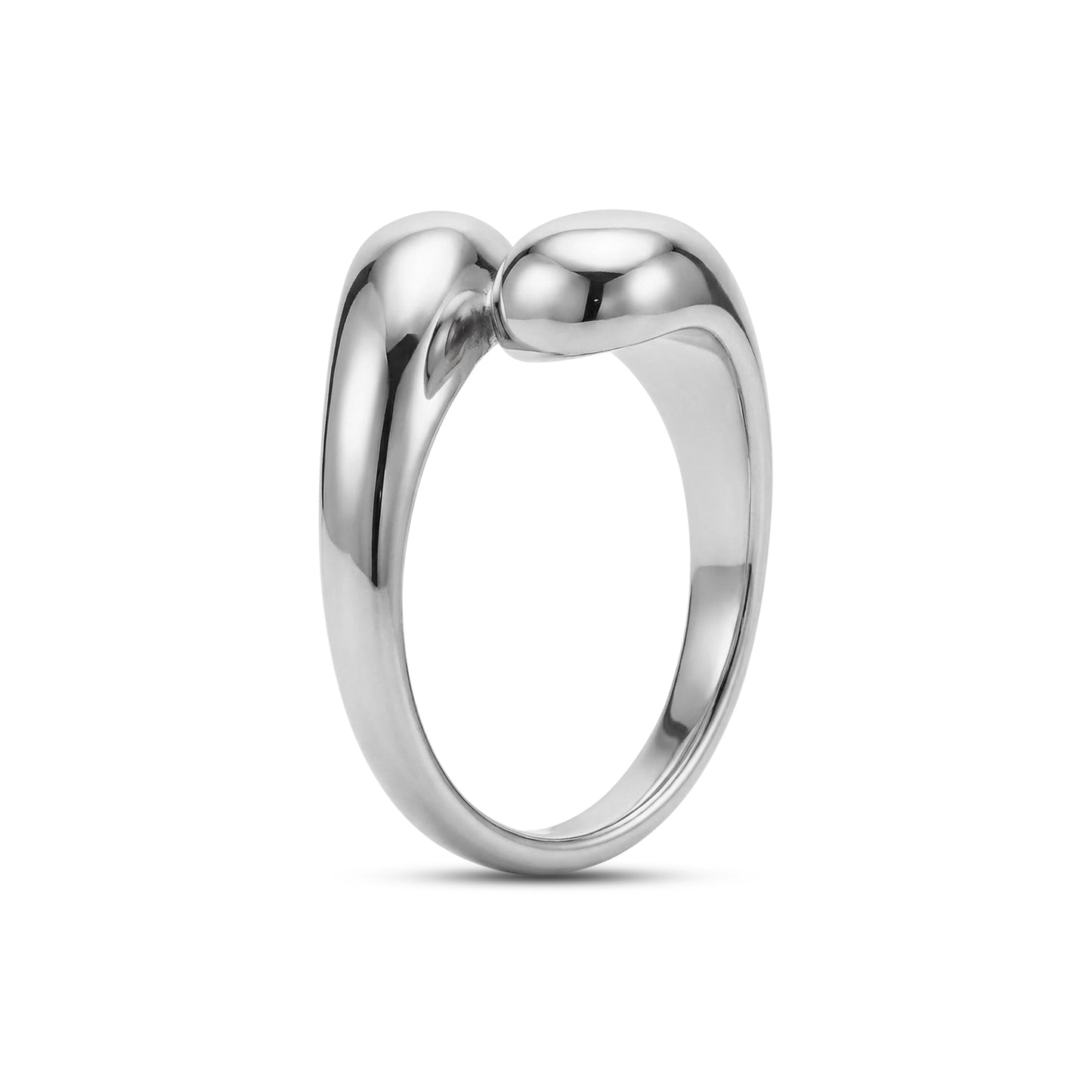 Side profile of silver Fluid Form Wrap Ring illustrating sleek, shiny wraparound style