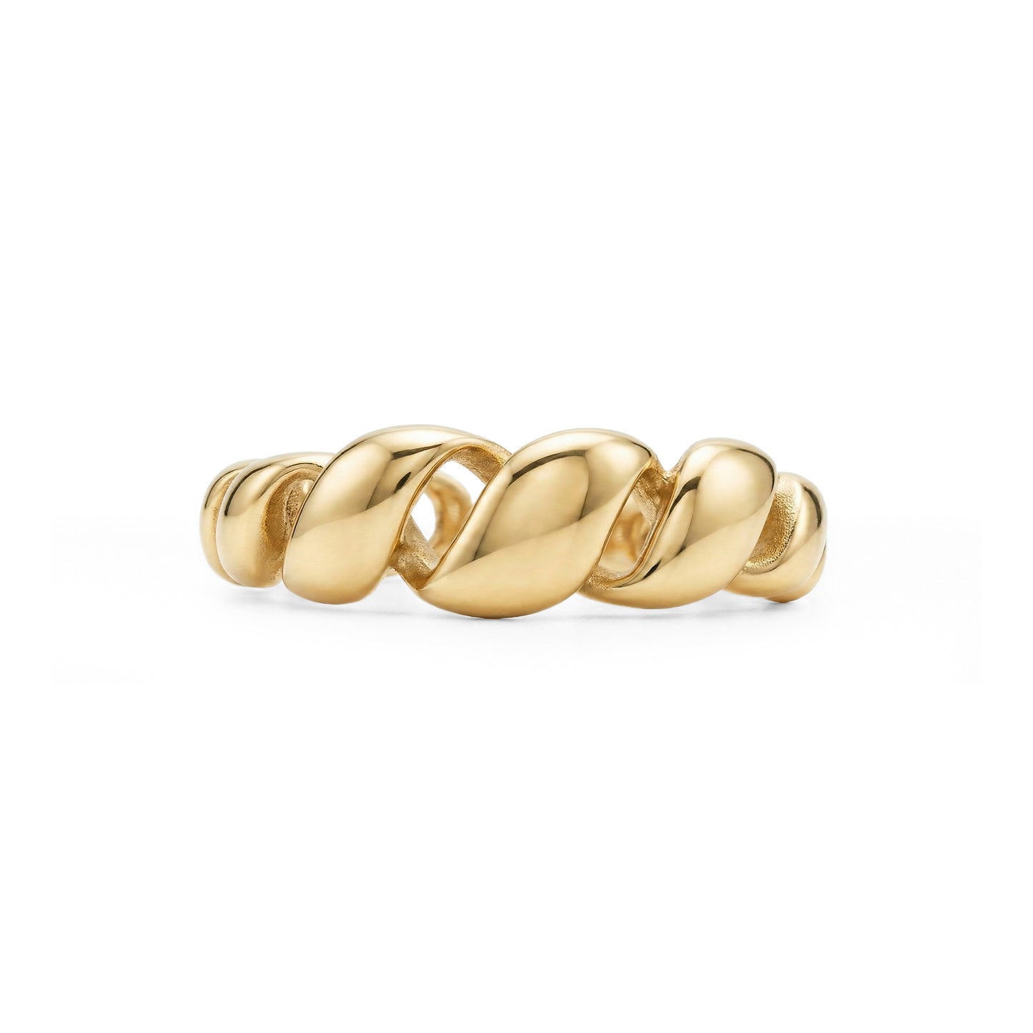 Front view of gold Liquid Link Open Ring featuring polished twisted links and open band style