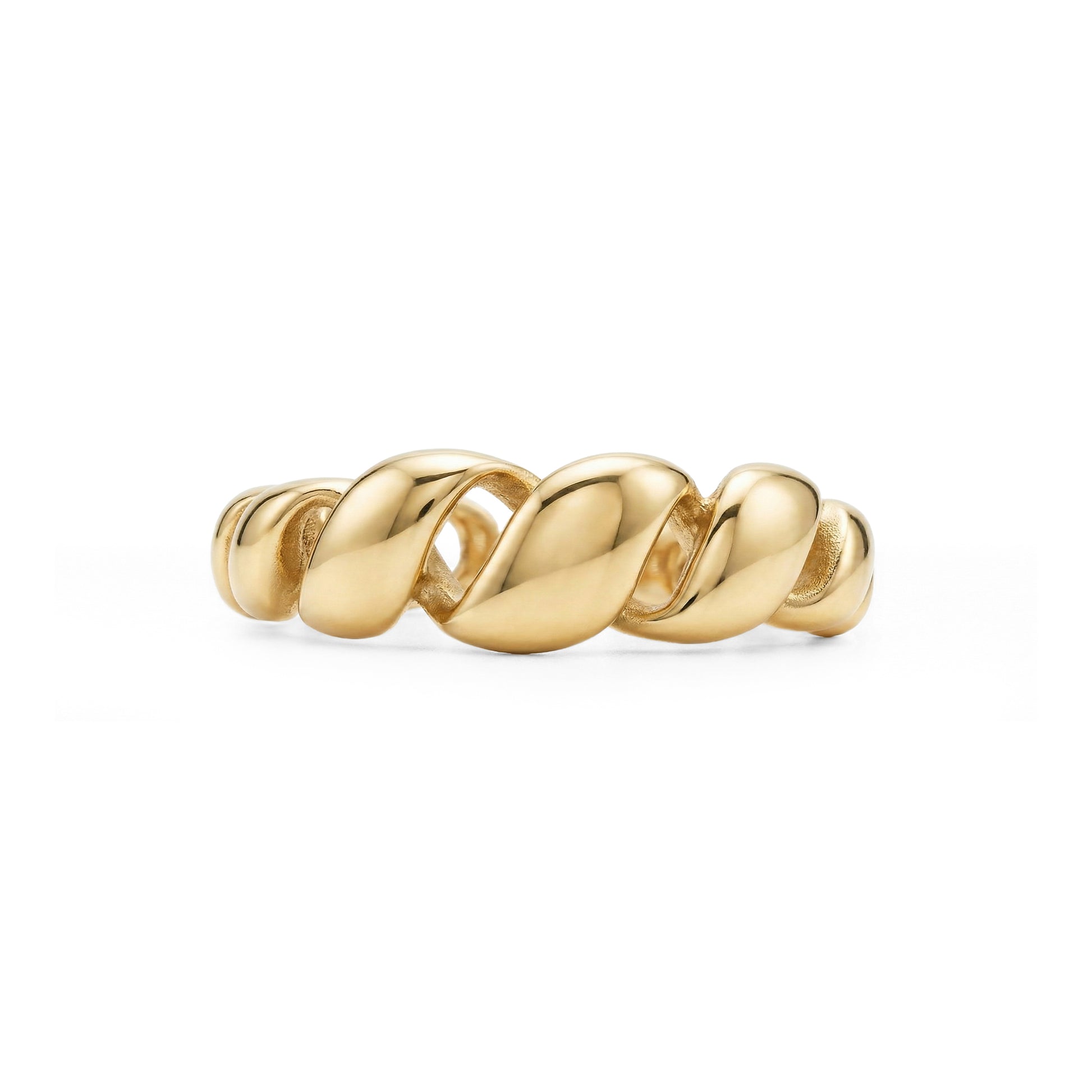 Front view of gold Liquid Link Open Ring featuring polished twisted links and open band style