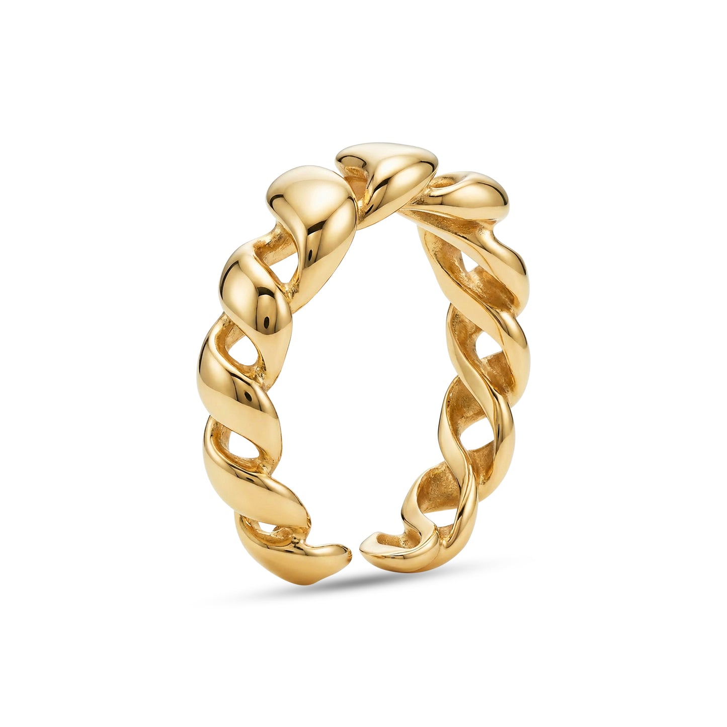 Vertical front angle of gold Liquid Link Open Ring revealing fluid twisted open-link construction