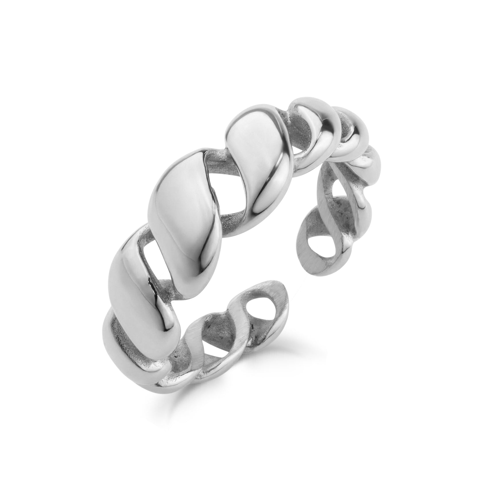 Close-up angled view of silver Liquid Link Open Ring showing twisted link design and open adjustable band