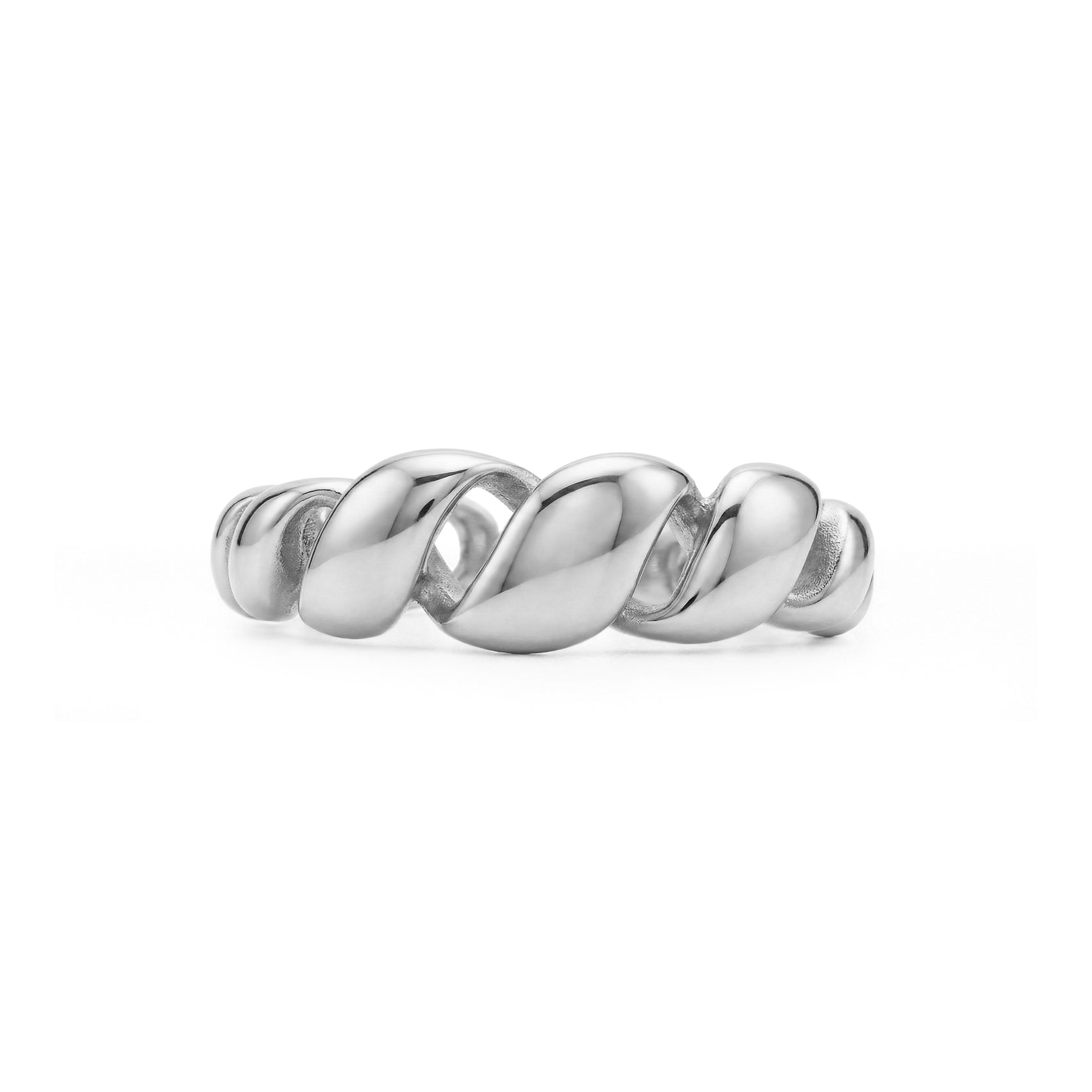 Front view of silver Liquid Link Open Ring highlighting its polished curved links and open band