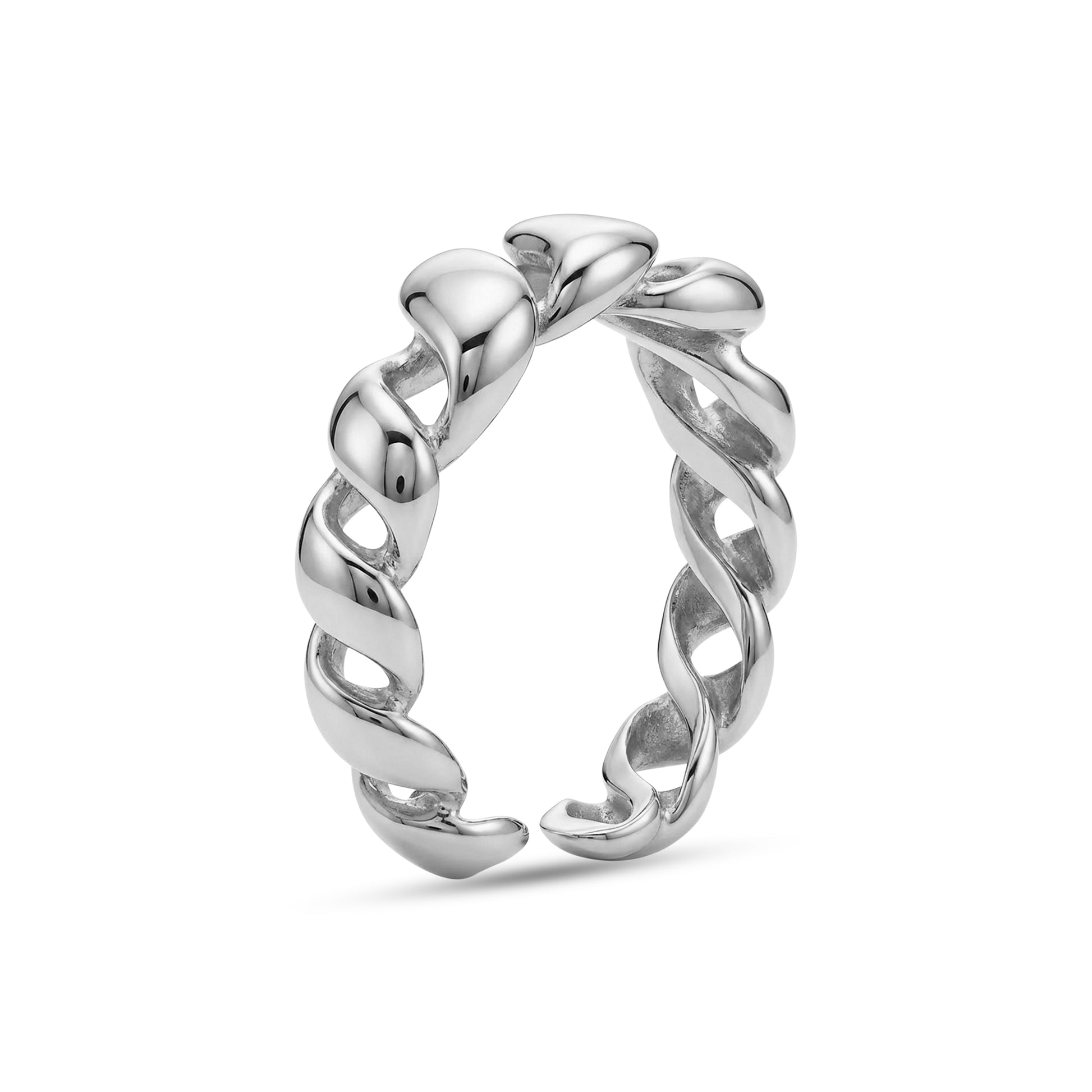 Vertical front angle of silver Liquid Link Open Ring showcasing smooth, twisted open links