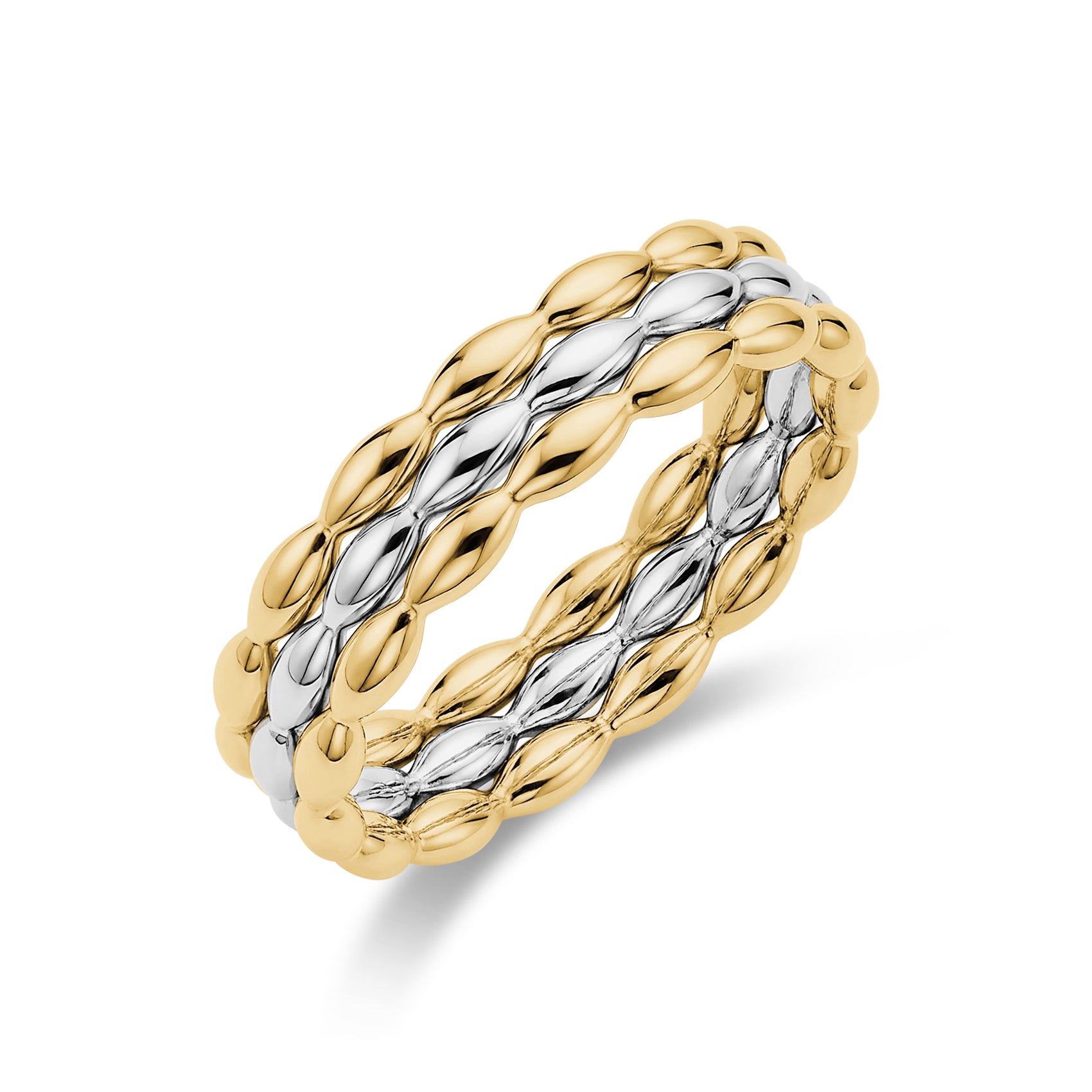 Close-up angled view of a two-tone eternal chain band ring with shiny gold and silver stainless steel links, 5mm wide