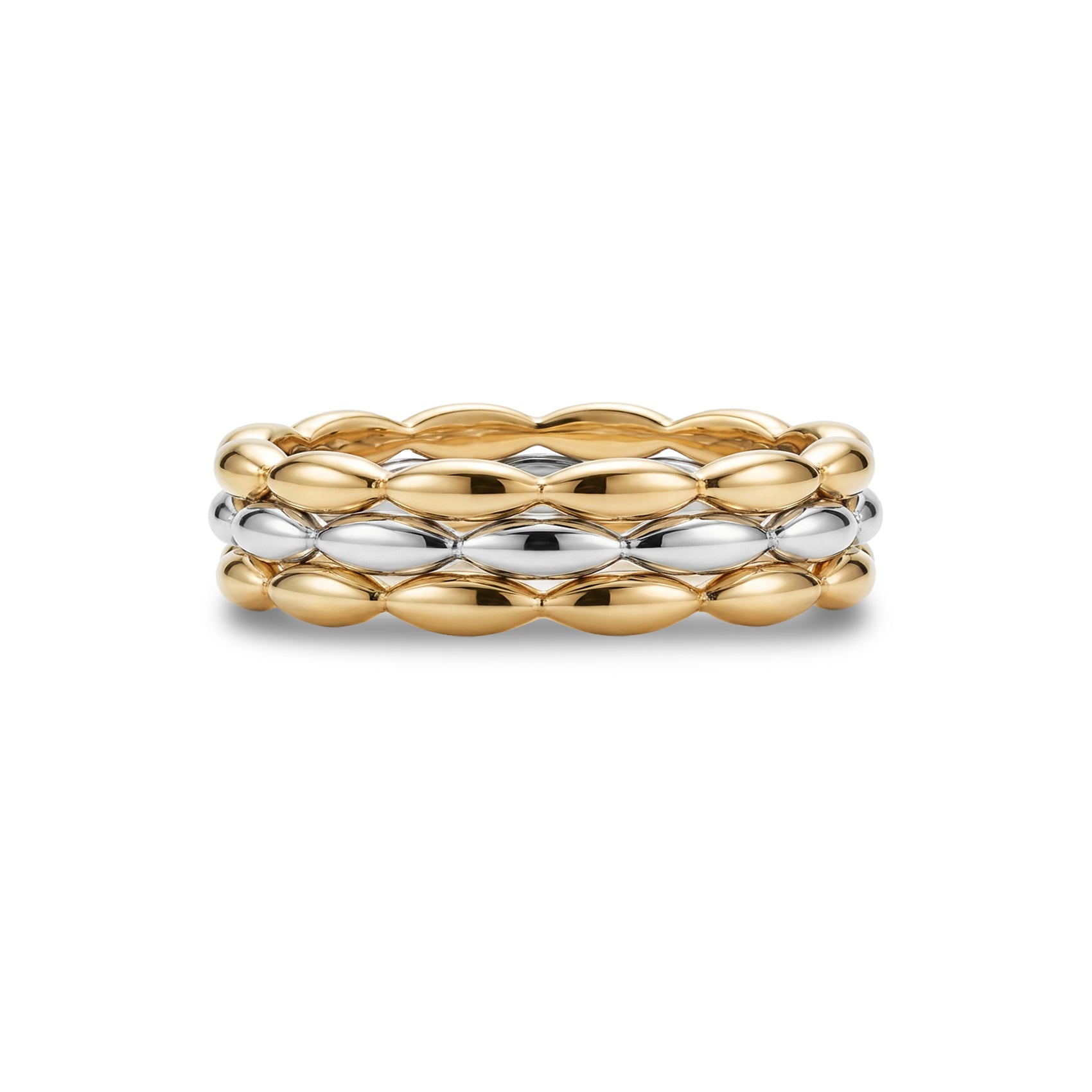 Front view of the two-tone eternal chain band showing alternating gold and silver glossy chain links