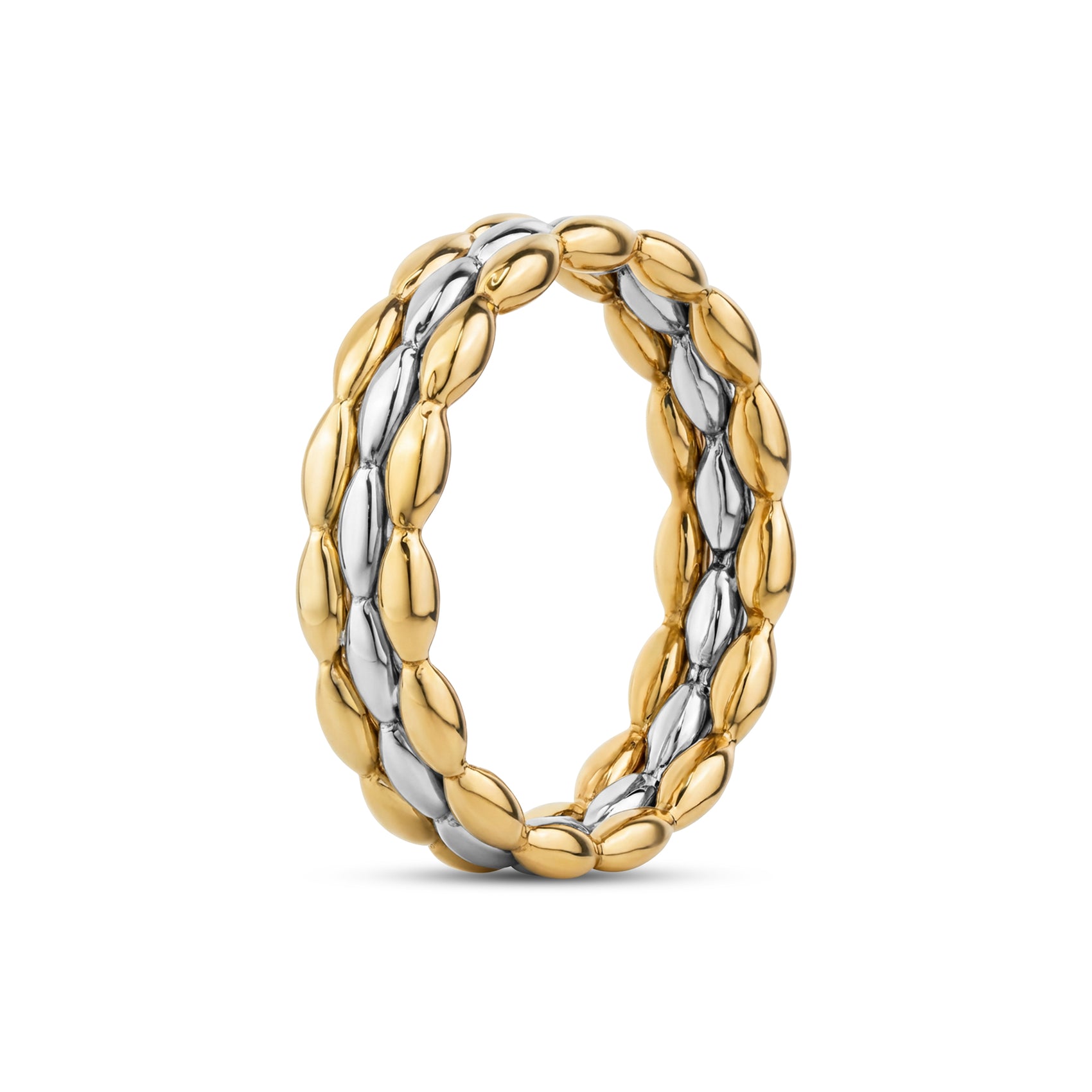 Side profile of the 5mm two-tone eternal chain band ring highlighting its linked design and shiny finish