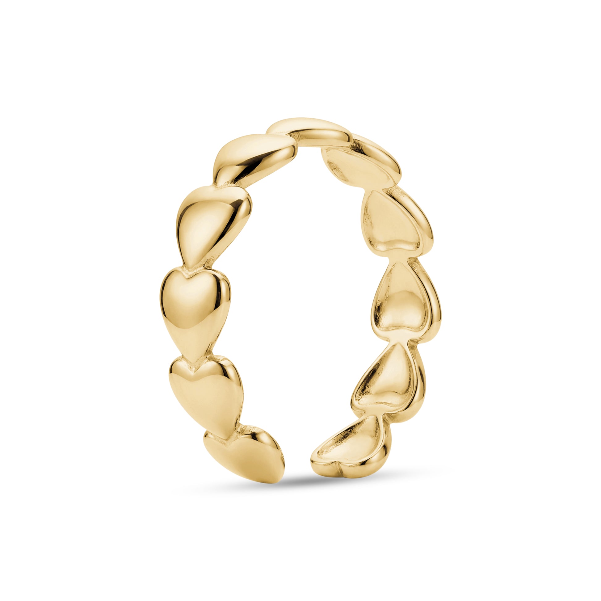 Side view of Linked Hearts Open Ring in polished gold-tone stainless steel highlighting heart links and open band style