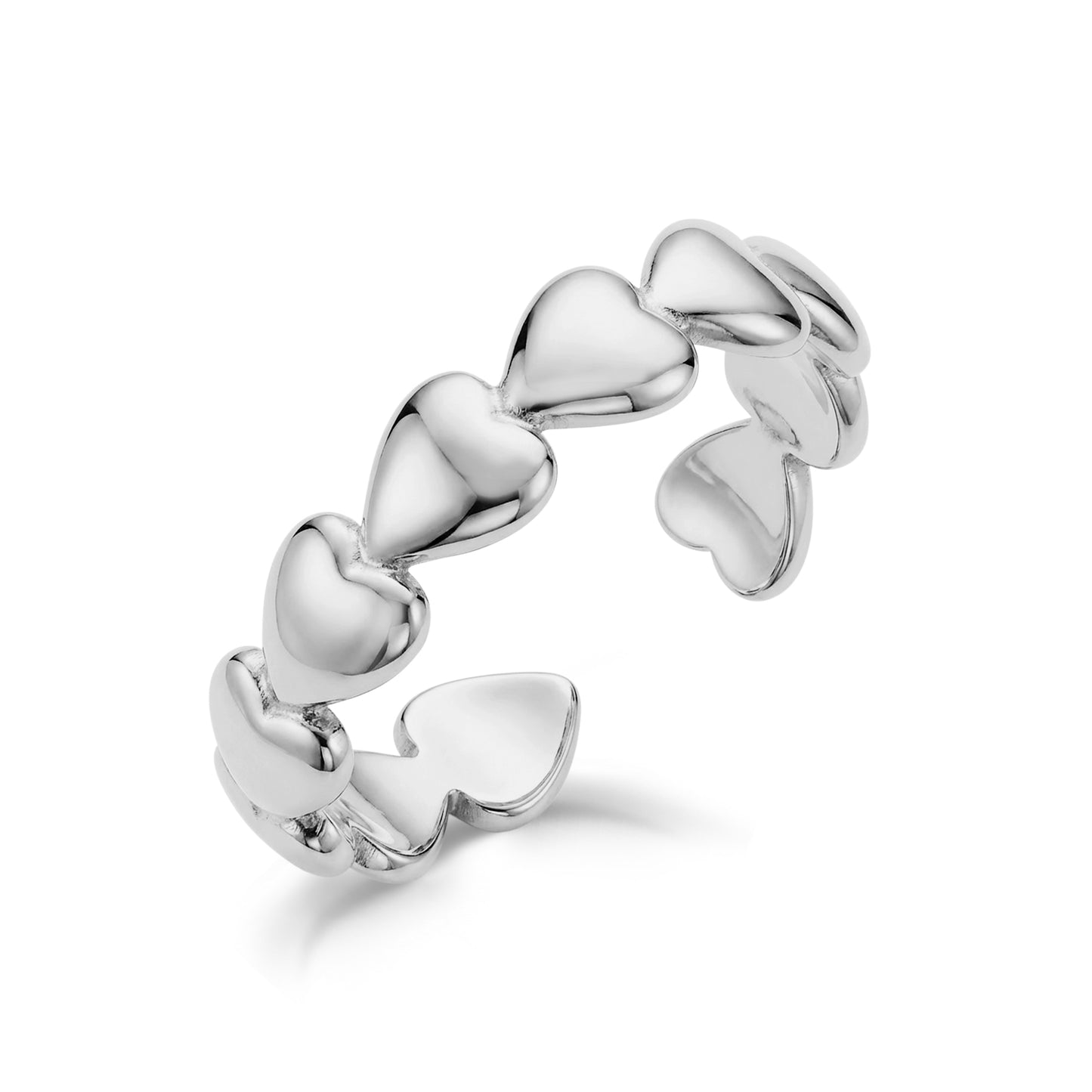 Close-up of Linked Hearts Open Ring in polished silver stainless steel showing linked heart shapes in an open band design