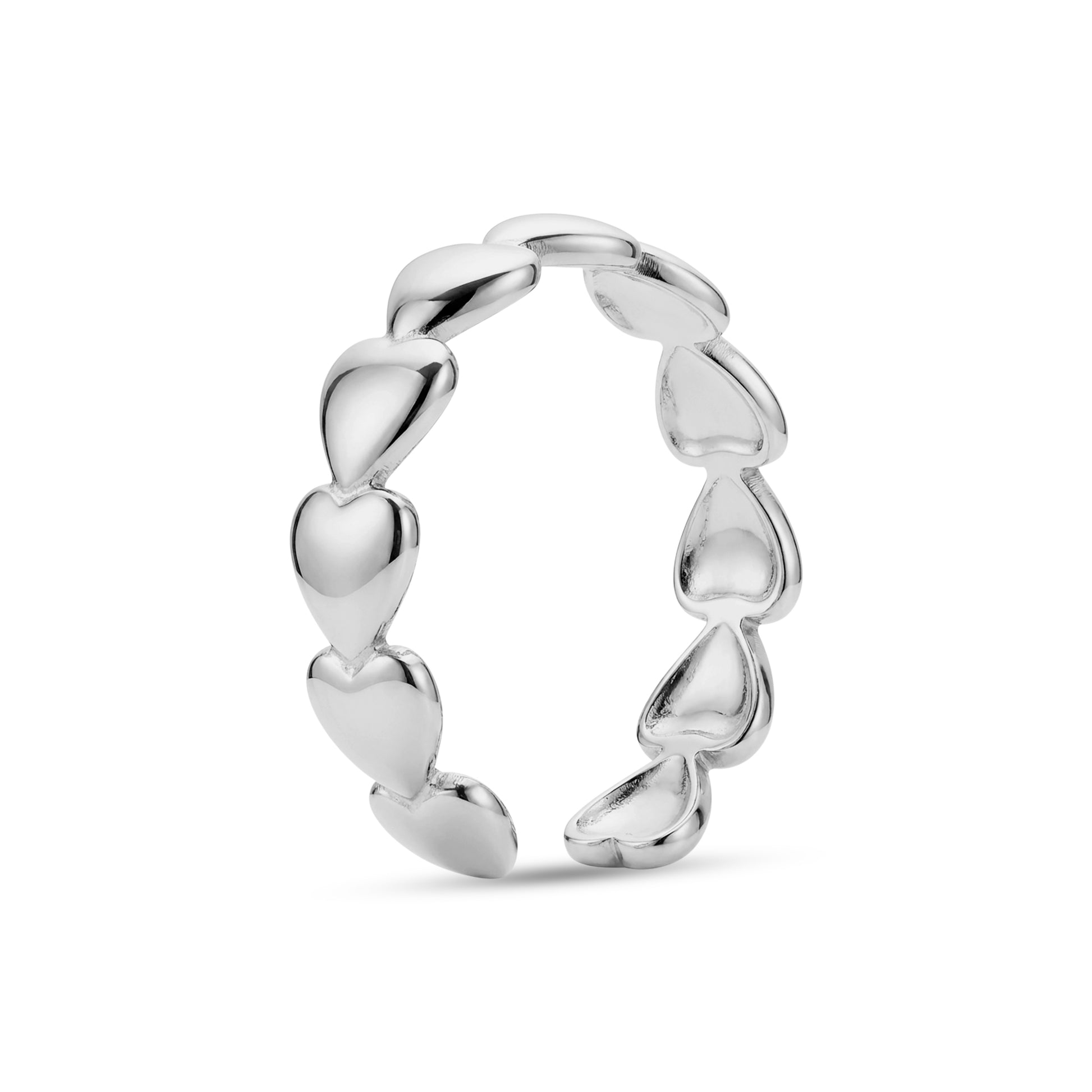 Side view of Linked Hearts Open Ring in polished silver stainless steel with linked hearts forming a delicate open ring
