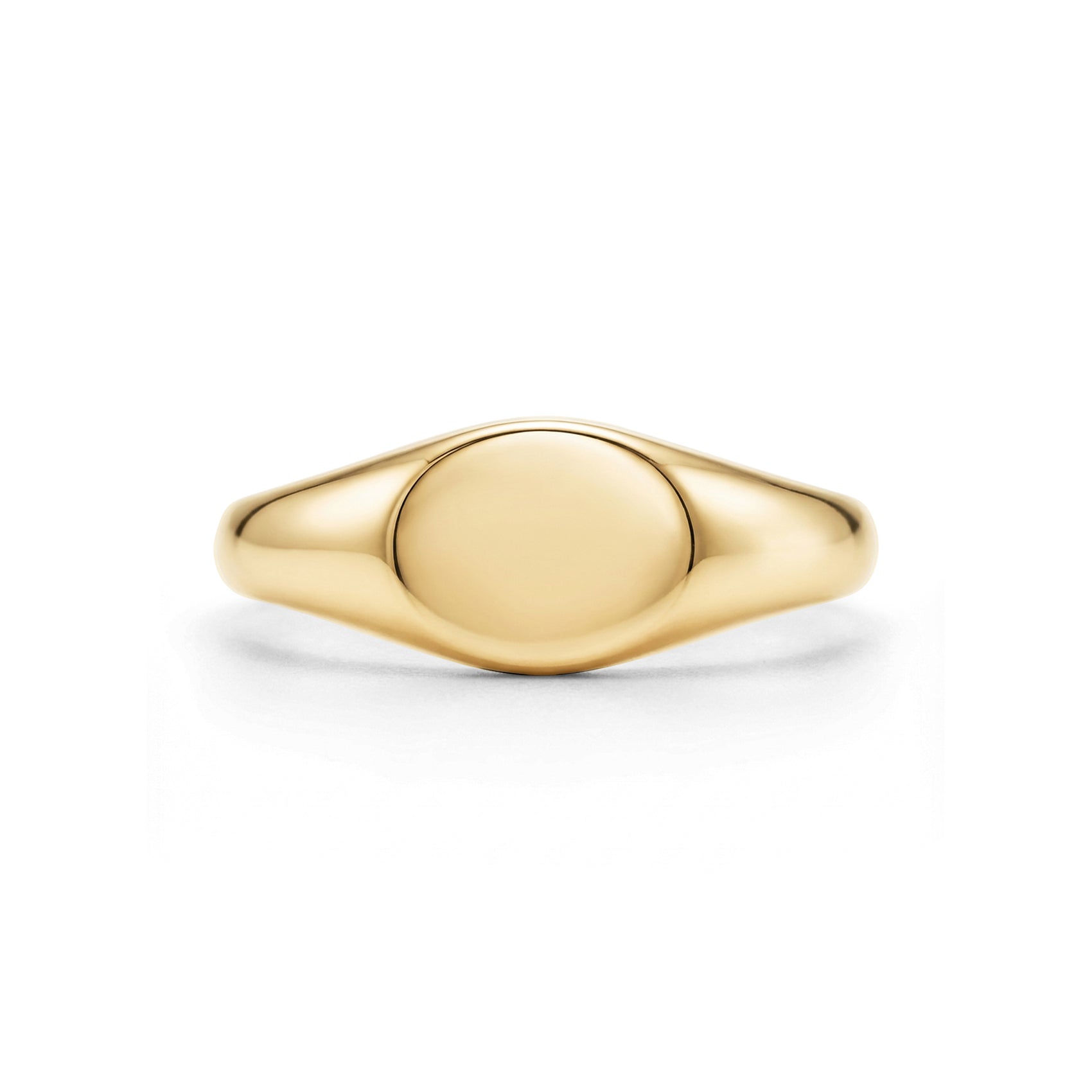 Front view of polished gold oval signet ring showing symmetrical design