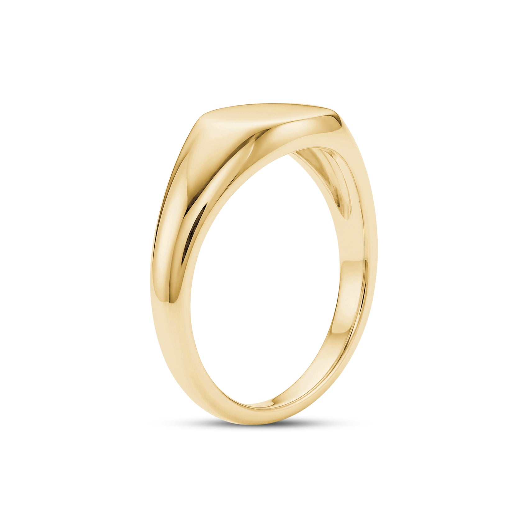Side angle of shiny gold oval signet ring with gently tapered band
