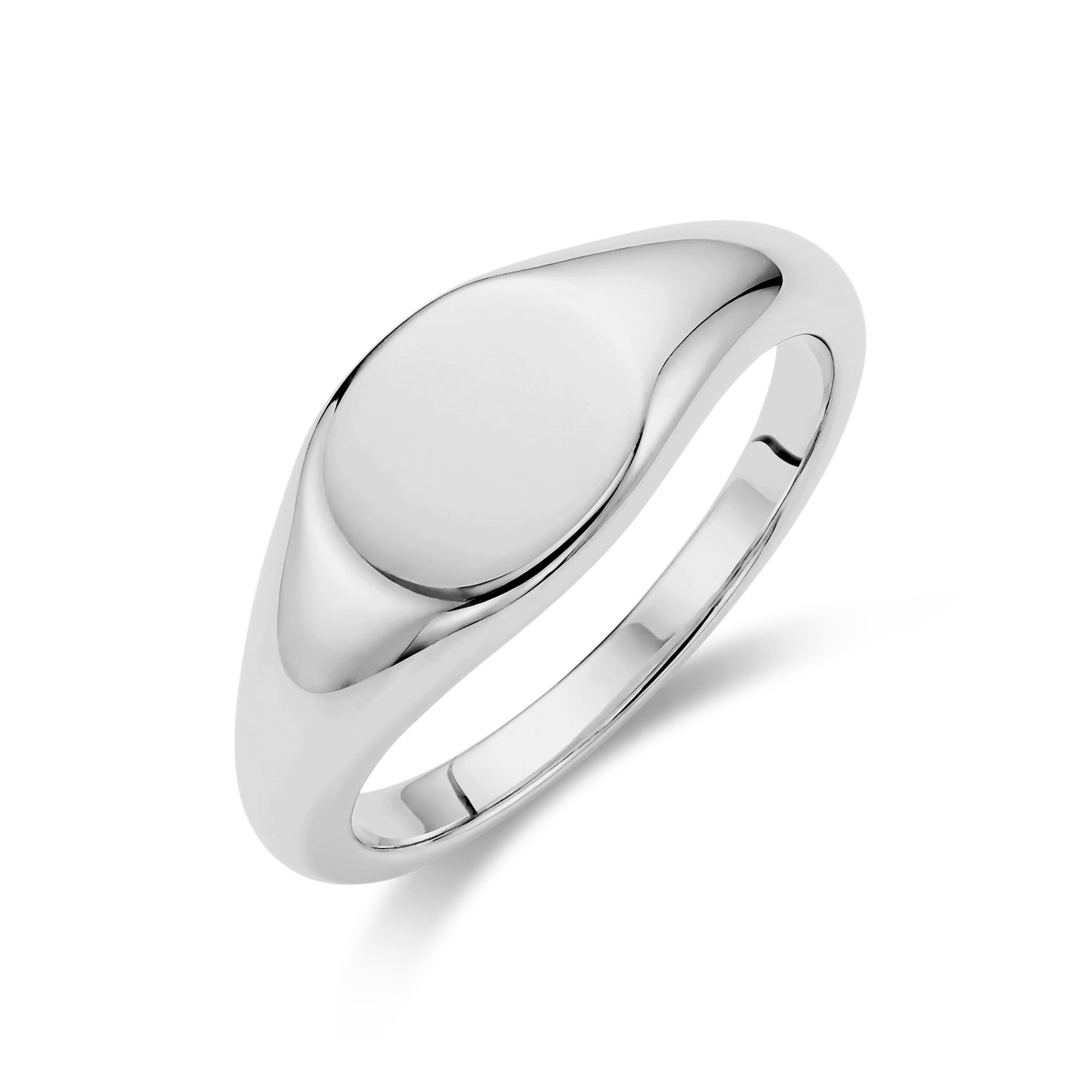 Close-up angle of shiny silver modern oval signet ring with smooth surface