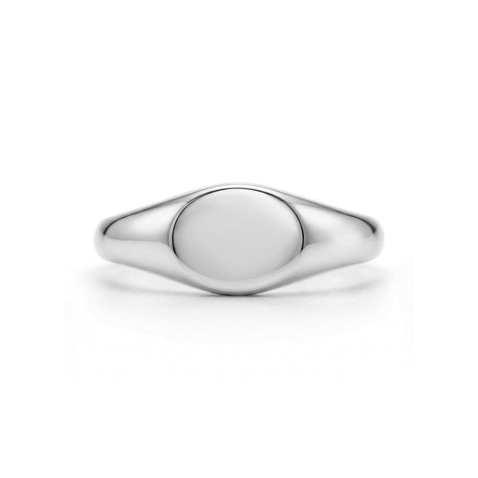 Front view of polished silver oval signet ring showing symmetrical design