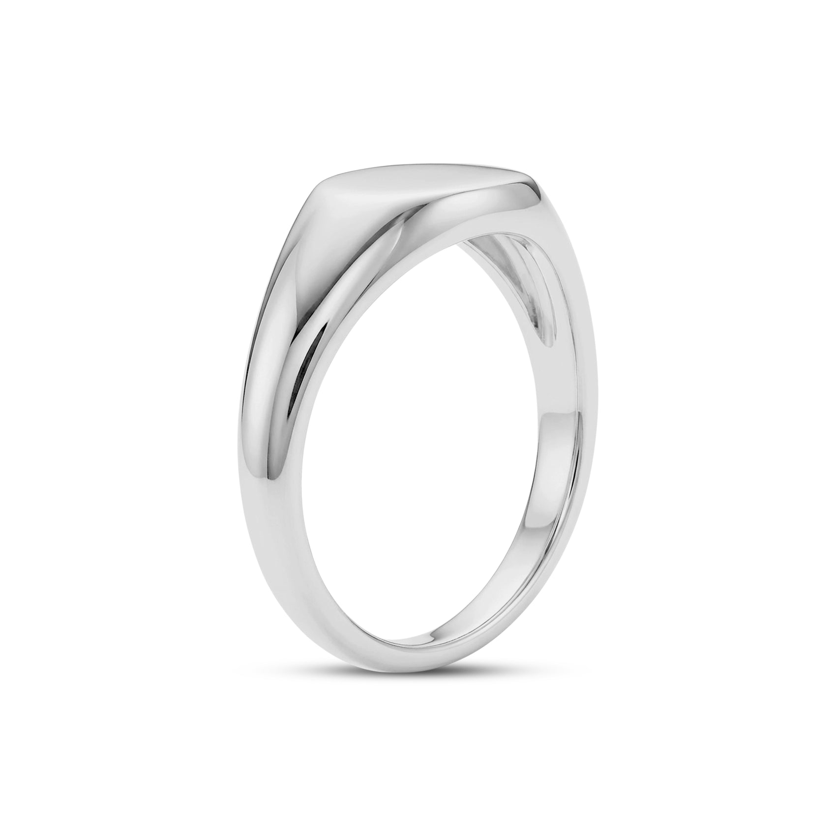 Side angle of shiny silver oval signet ring with gently tapered band