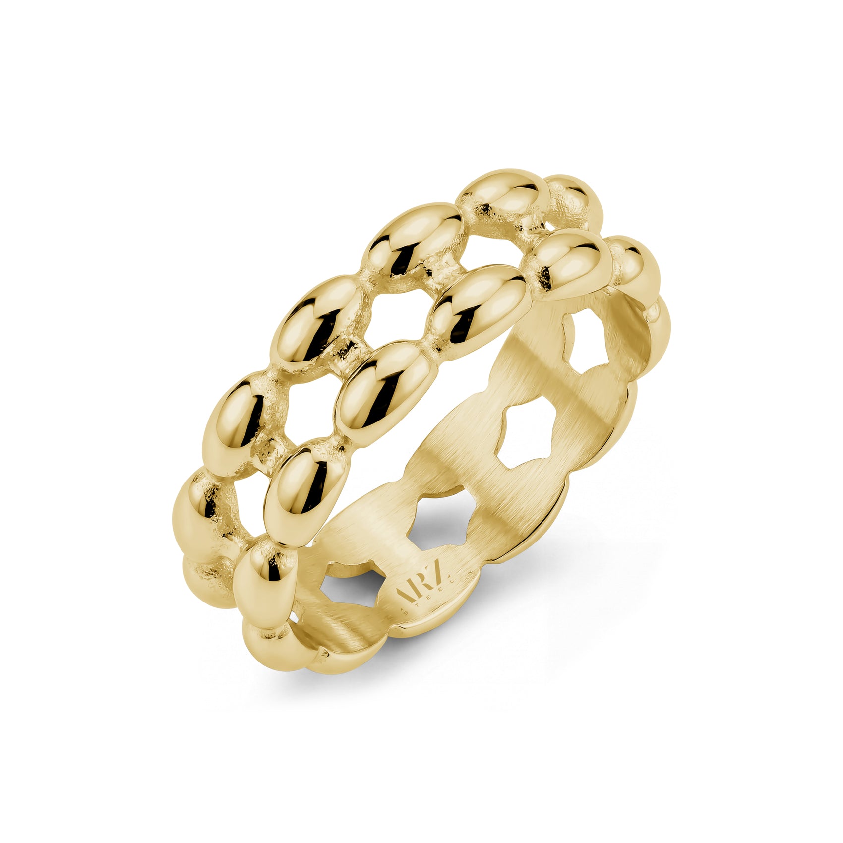 Close-up of gold double row bead band ring from side view showing polished beads and smooth brushed interior