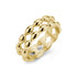 Close-up of gold double row bead band ring from side view showing polished beads and smooth brushed interior