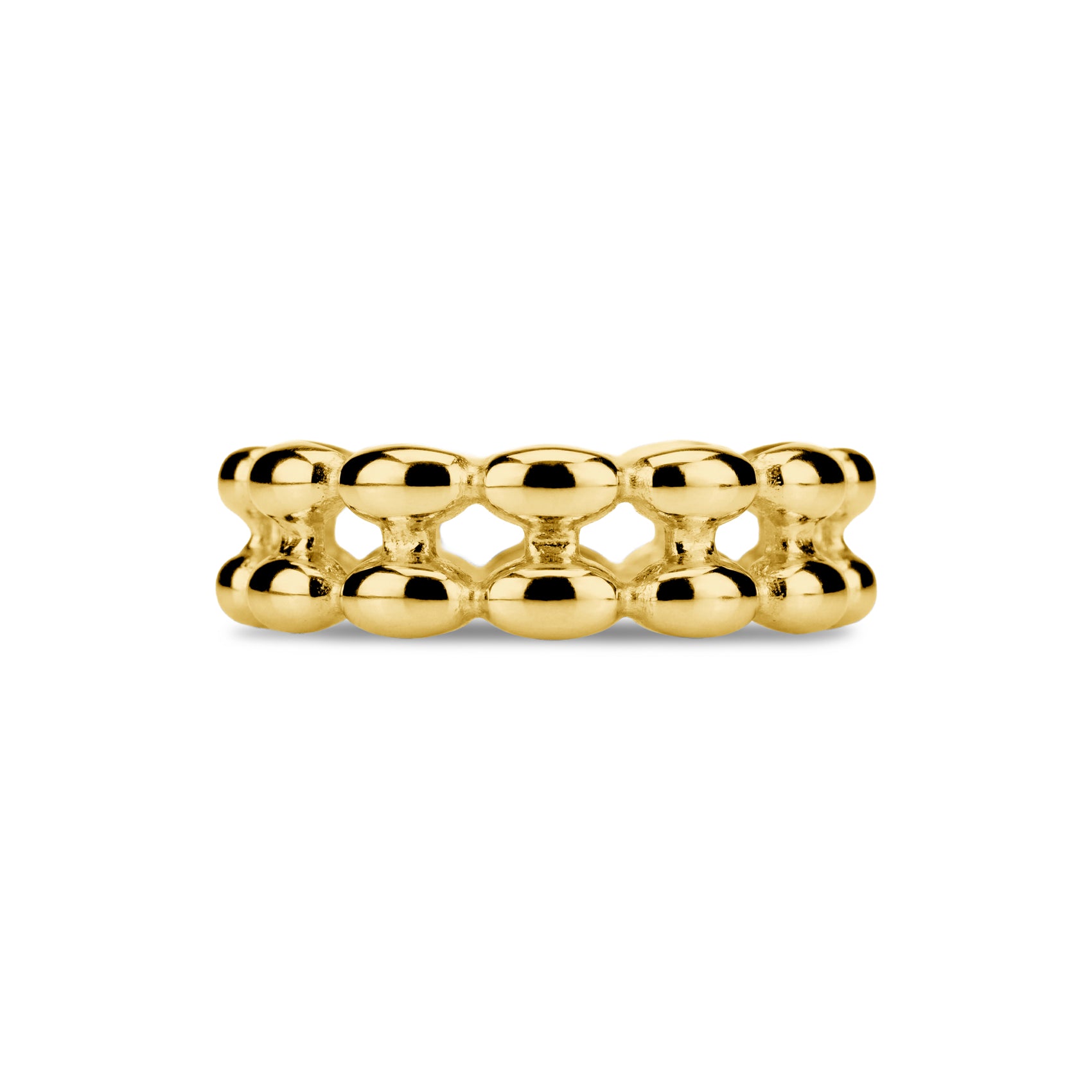 Top view of silver double row bead band ring emphasizing reflective surface and open gaps between beads