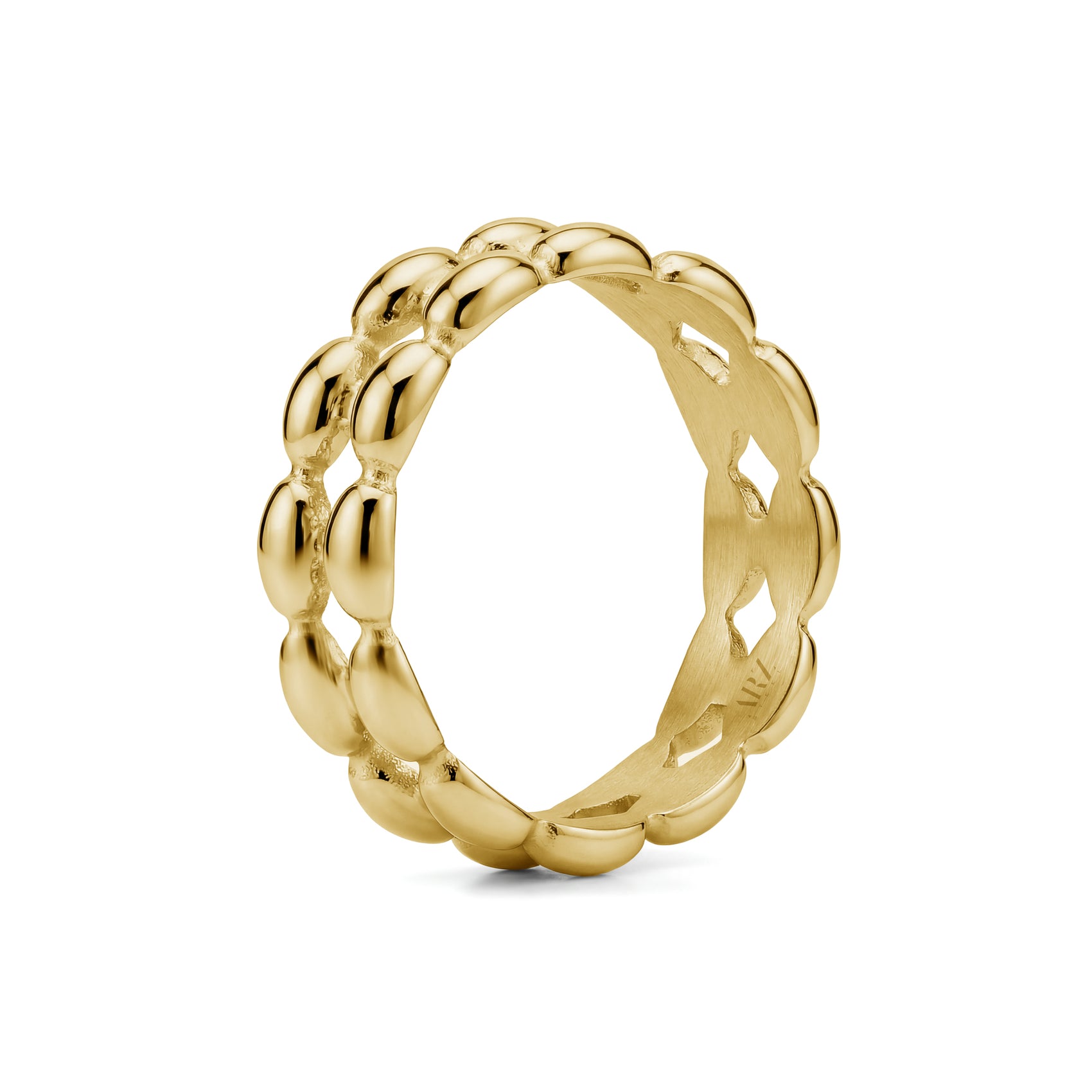 Top view of gold double row bead band ring highlighting bright yellow gold finish and double bead rows
