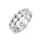 Close-up angled view of silver double row bead band ring highlighting polished beads and open design