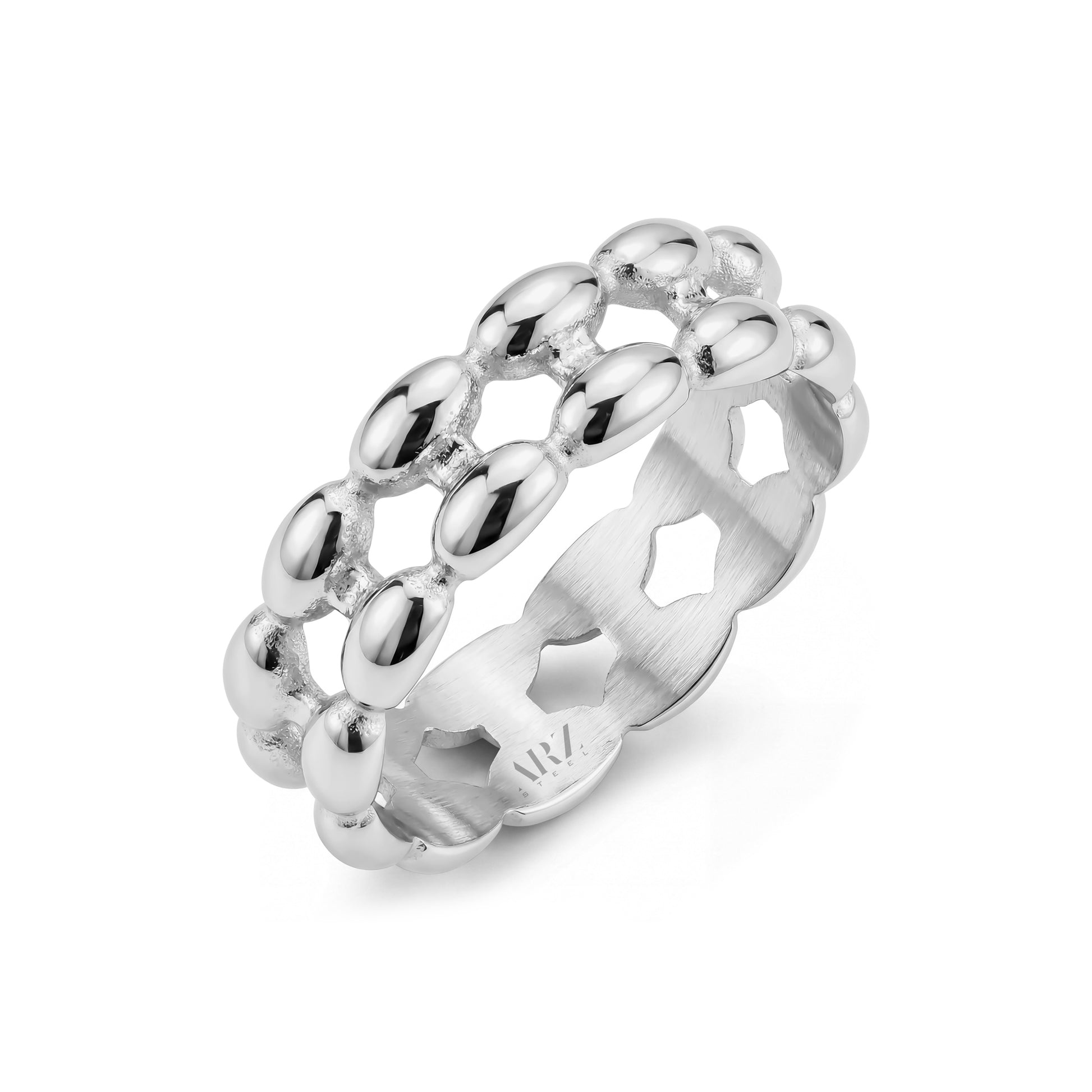 Close-up angled view of silver double row bead band ring highlighting polished beads and open design