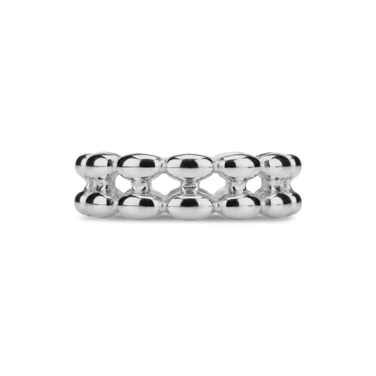 Side view of silver double row bead band ring showing bead alignment and smooth finish