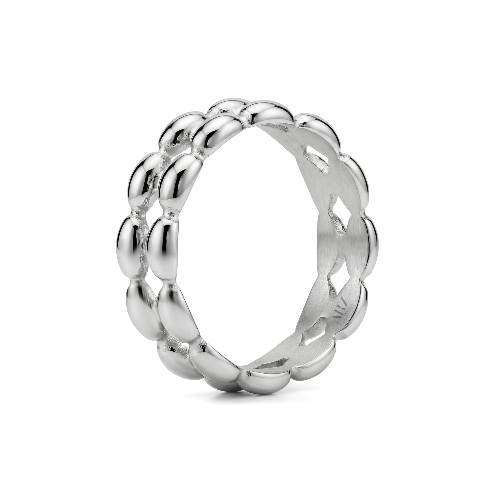 Angled side view of gold double row bead band ring displaying polished bead details and interior openwork