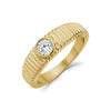 Close-up angled view of ribbed solitaire statement ring in polished gold stainless steel with 5mm cubic zirconia stone