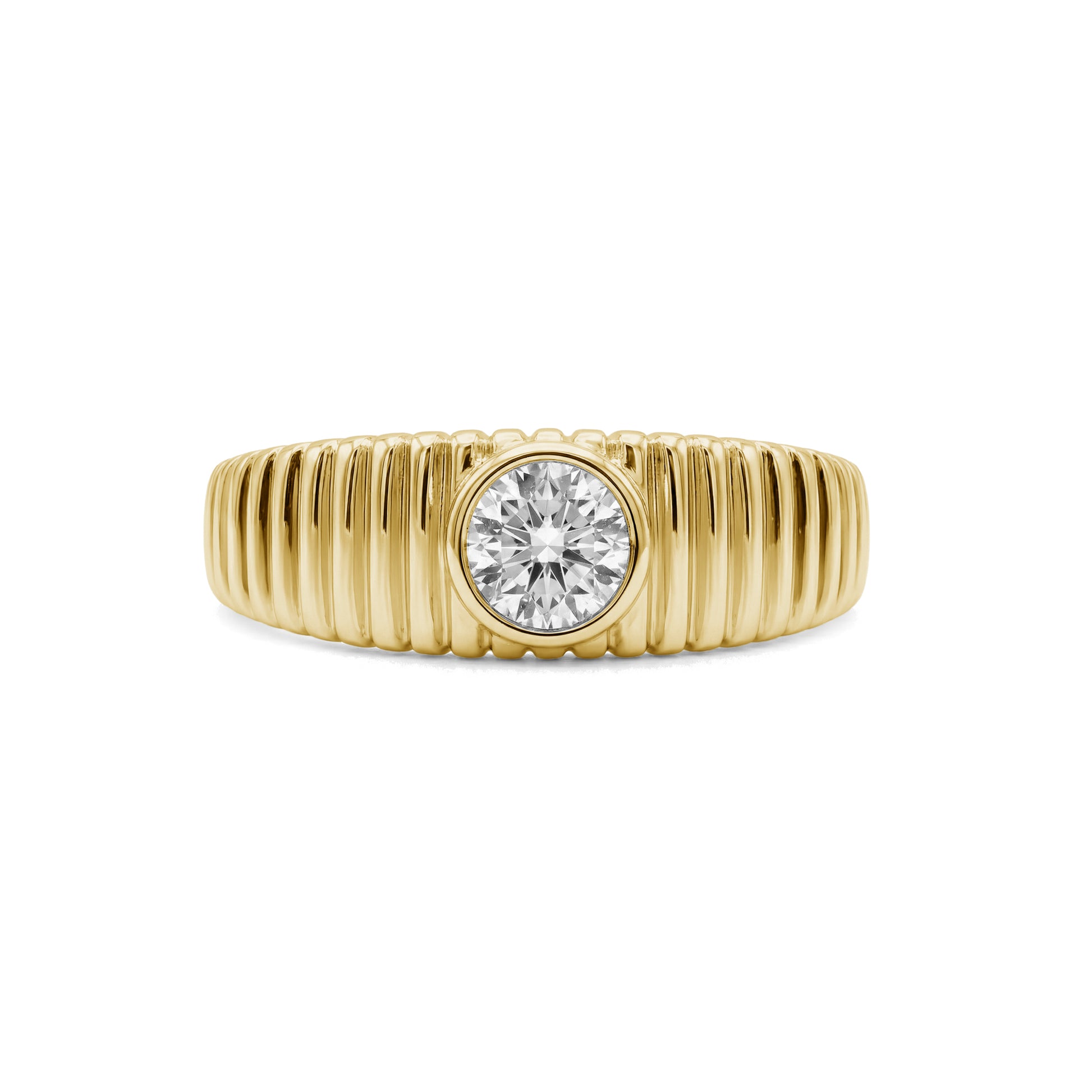Front-facing view of ribbed solitaire statement ring showcasing the sparkling 5mm cubic zirconia set in gold stainless steel