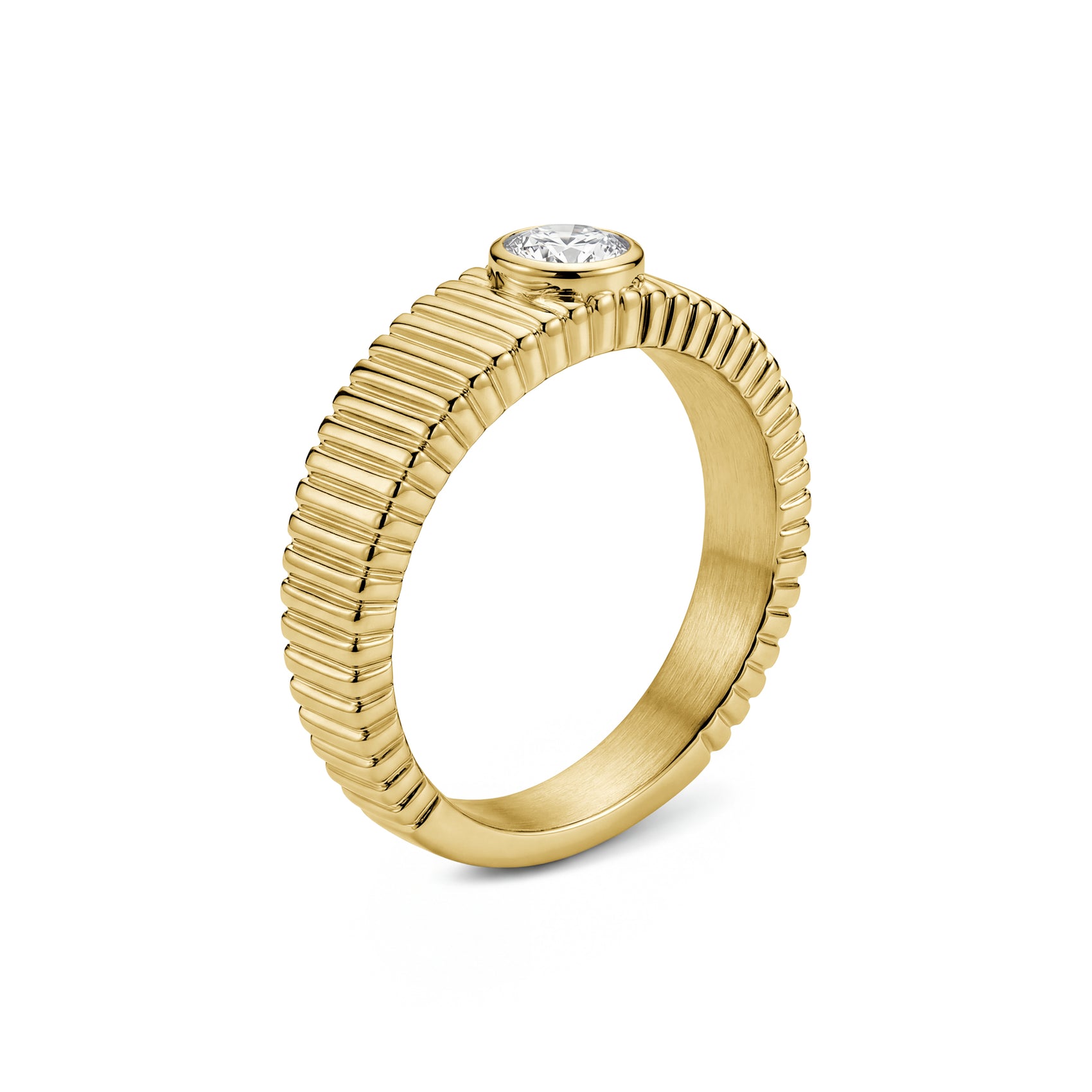 Side angled view of ribbed solitaire statement ring in polished gold stainless steel highlighting ribbed texture and cubic zirconia