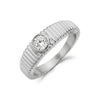 Close-up angled view of ribbed solitaire statement ring in polished silver stainless steel with 5mm cubic zirconia stone