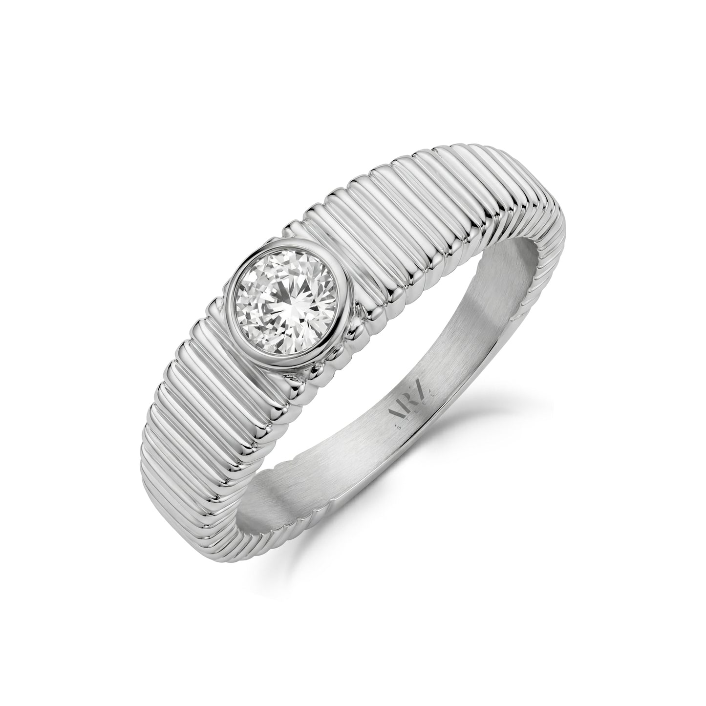 Close-up angled view of ribbed solitaire statement ring in polished silver stainless steel with 5mm cubic zirconia stone