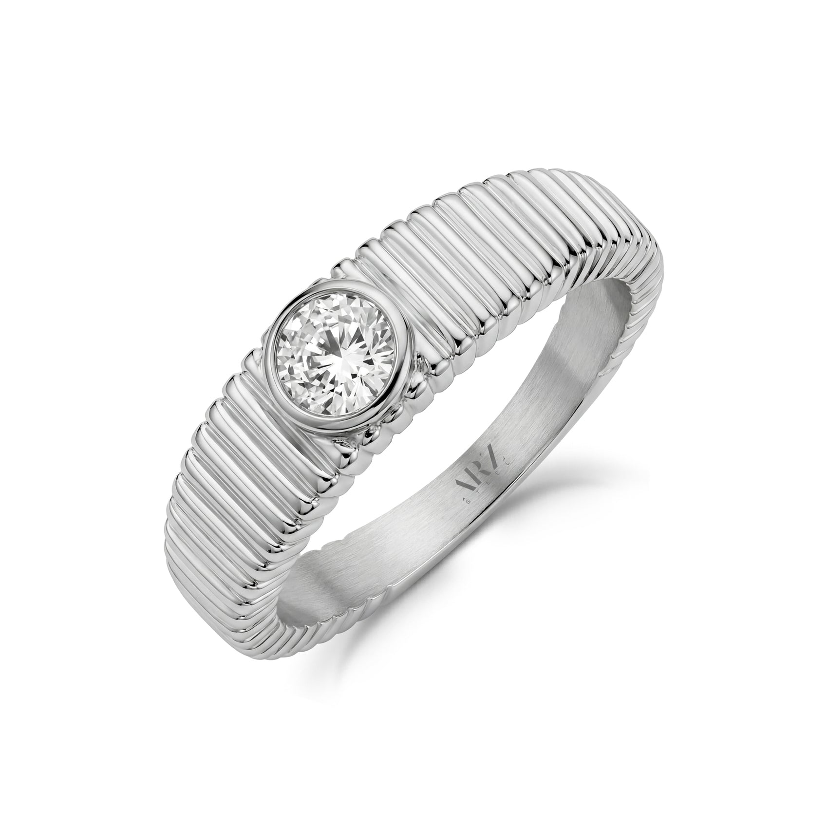 Close-up angled view of ribbed solitaire statement ring in polished silver stainless steel with 5mm cubic zirconia stone