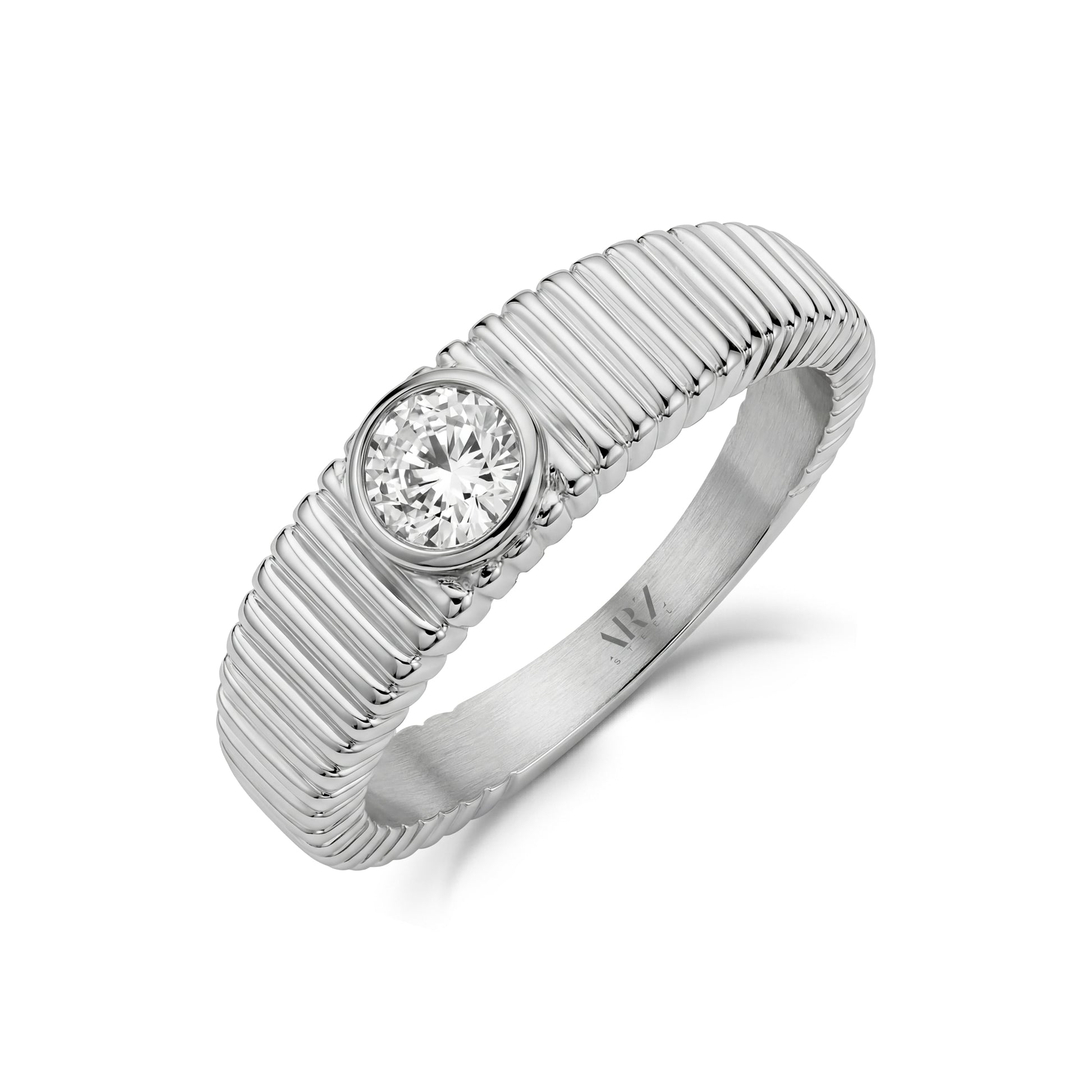 Close-up angled view of ribbed solitaire statement ring in polished silver stainless steel with 5mm cubic zirconia stone