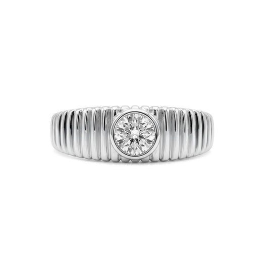Front-facing view of ribbed solitaire statement ring showcasing the sparkling 5mm cubic zirconia set in silver stainless steel