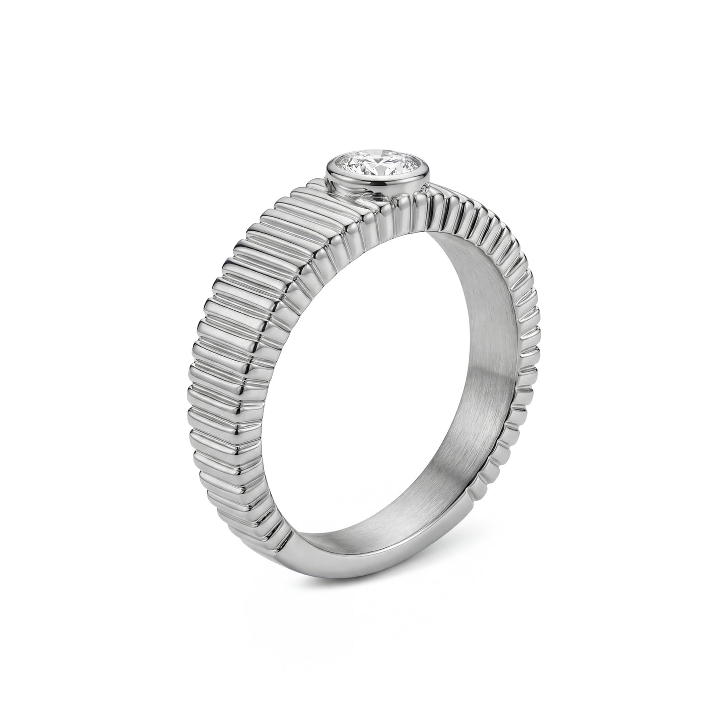 Side angled view of ribbed solitaire statement ring in polished silver stainless steel highlighting ribbed texture and cubic zirconia