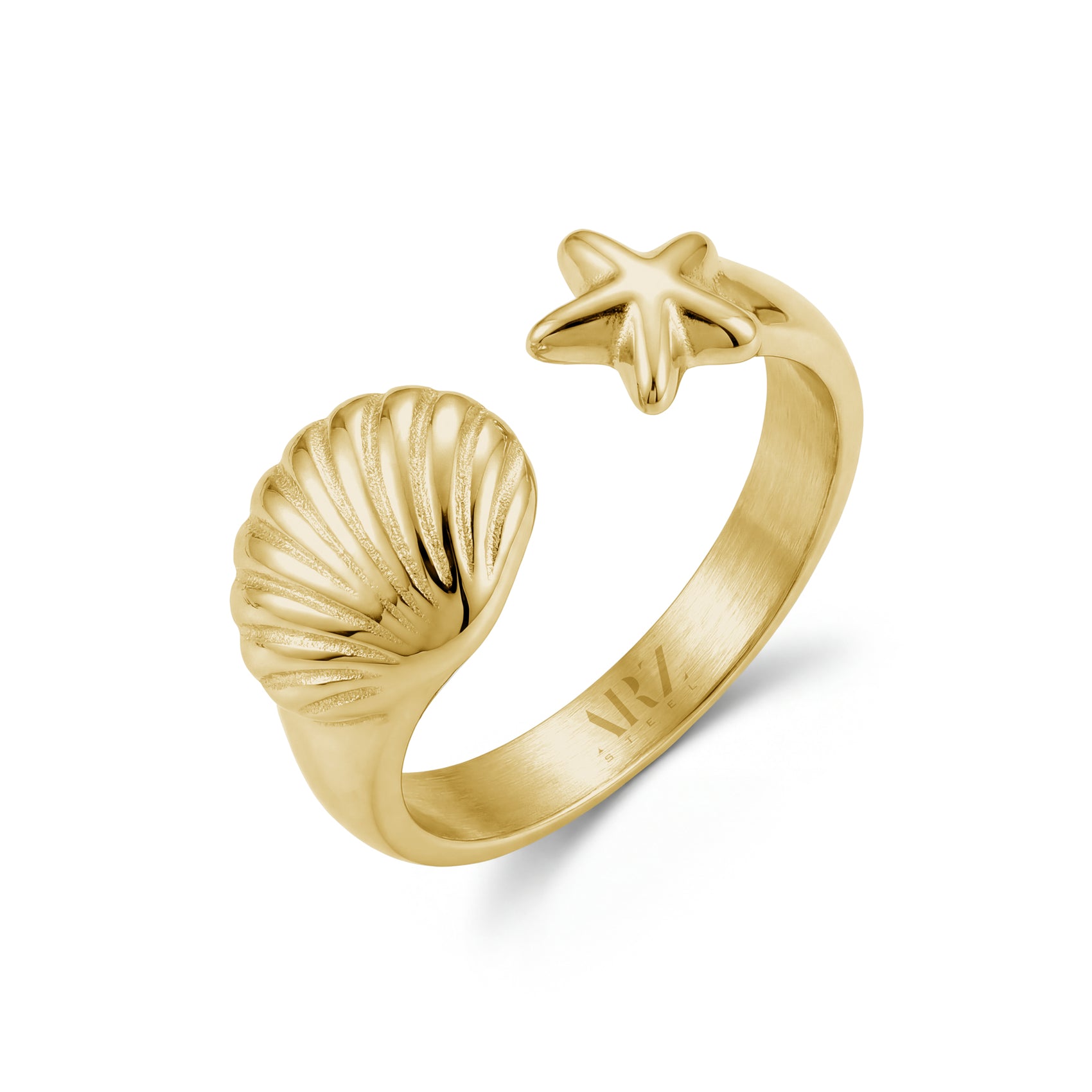 Gold seashell and starfish open ring showcasing polished stainless steel finish