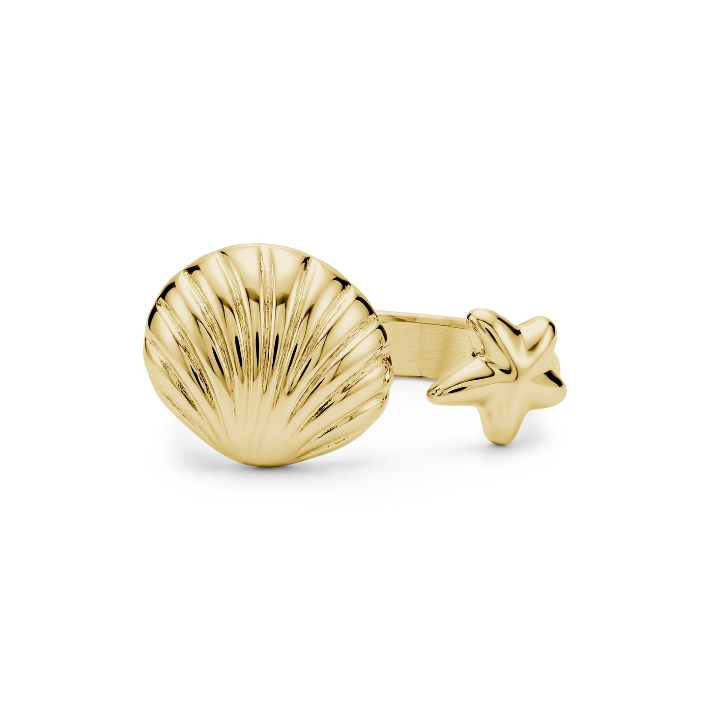 Close-up front view of gold open ring with detailed seashell and starfish
