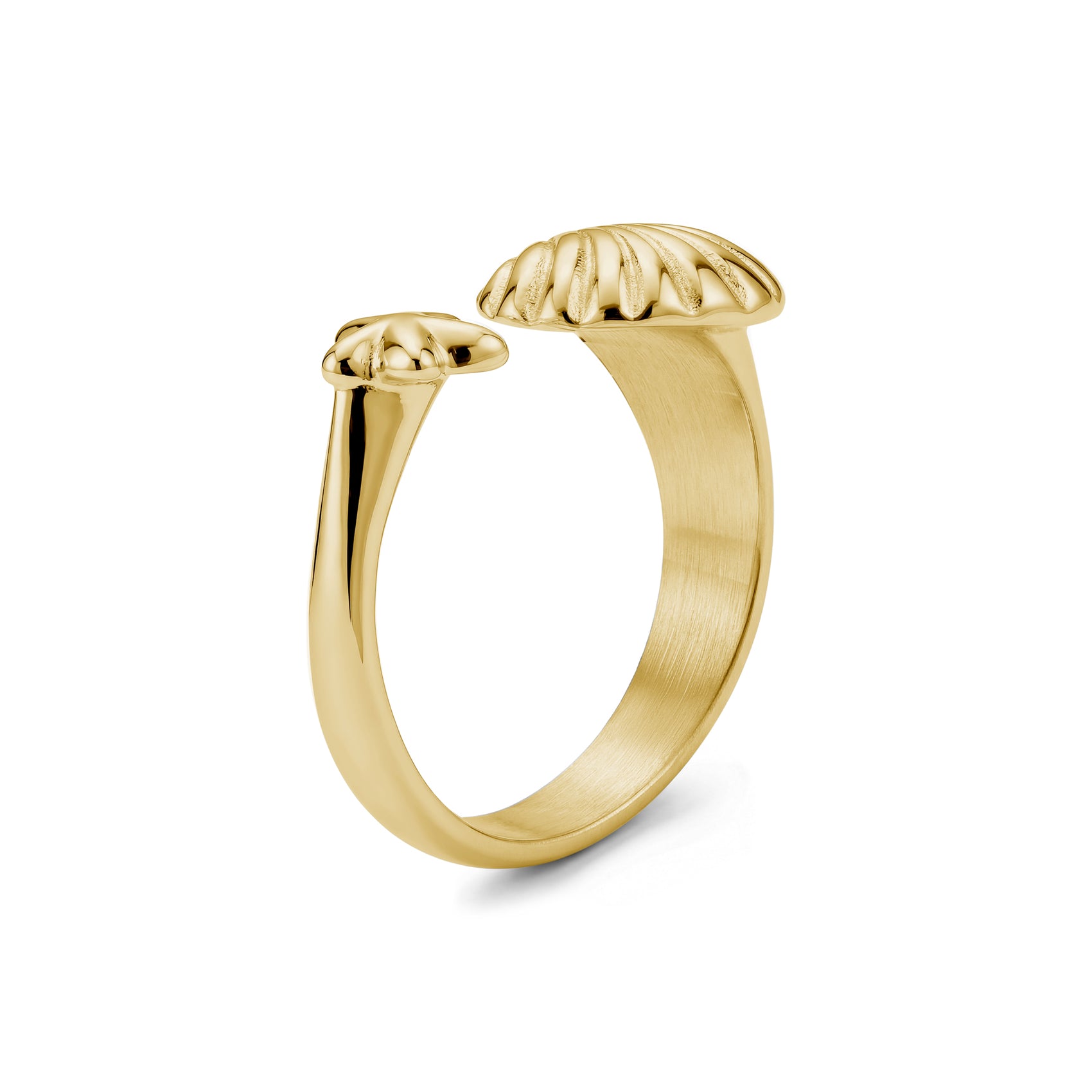 Side view of gold open ring highlighting smooth band and sea motifs