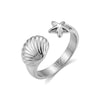 Silver seashell and starfish open ring with polished stainless steel band