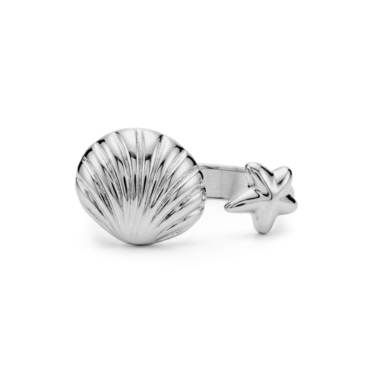 Front view of silver open ring featuring engraved seashell and starfish