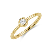Close-up angled view of gold tone bezel set solitaire women’s ring with 3mm cubic zirconia