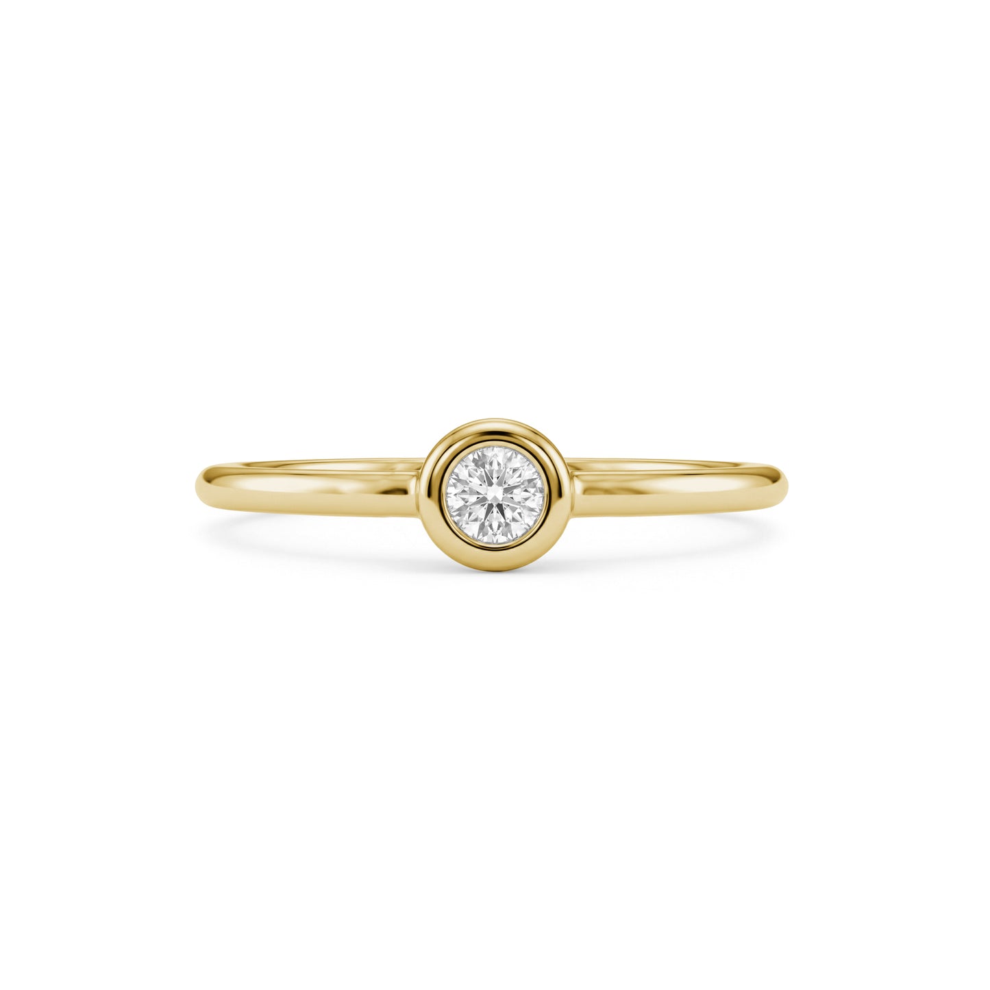 Front view of gold tone bezel set solitaire women’s ring featuring a centered 3mm cubic zirconia